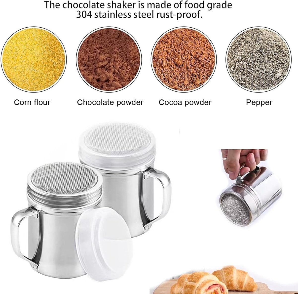 Icing Sugar Shaker Set - 2 cacao- en koffie-sjabloonshakers met 16 verschillende sjablonen, roestvrijstalen gaassjablonen voor chocolade, keuken, drankjes en bakken (2 maten)