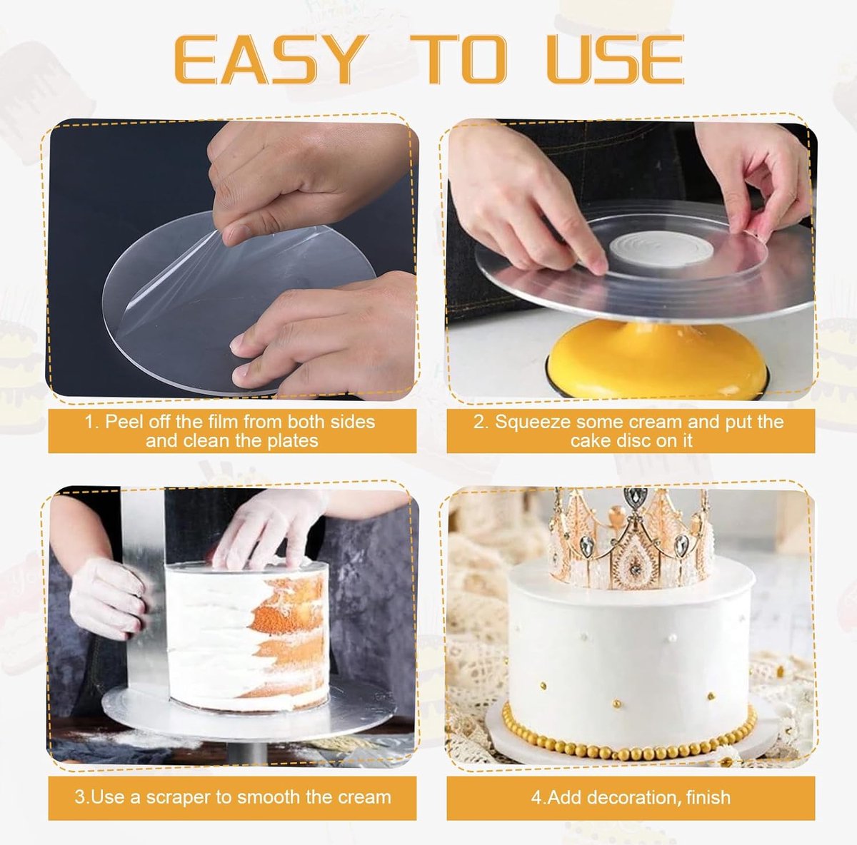 4 stuks taartplateaus rond acryl, diameter 16 cm x 3 mm, transparant met acryl taartschraper, niet-klevend taartbord voor het gladmaken en arrangeren van taarten, doe-het-zelf