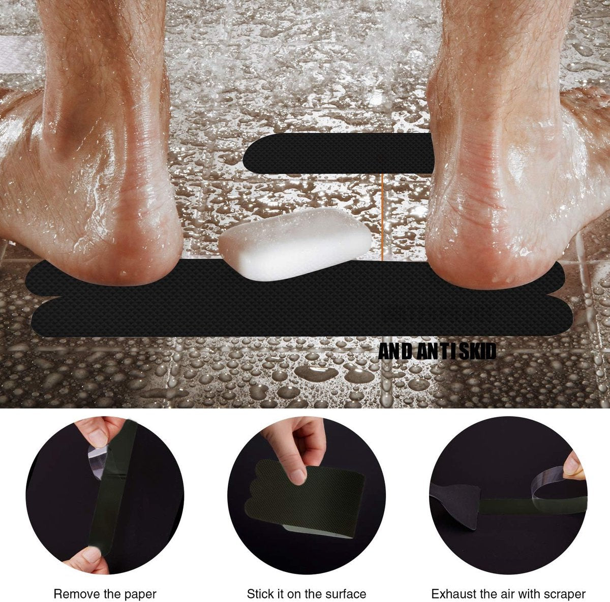 antislipstickers, 24 stuks, veiligheidsstrips voor badkuip, zelfklevende stickers met premium schraper voor badkuip, douche, trap (zwart)
