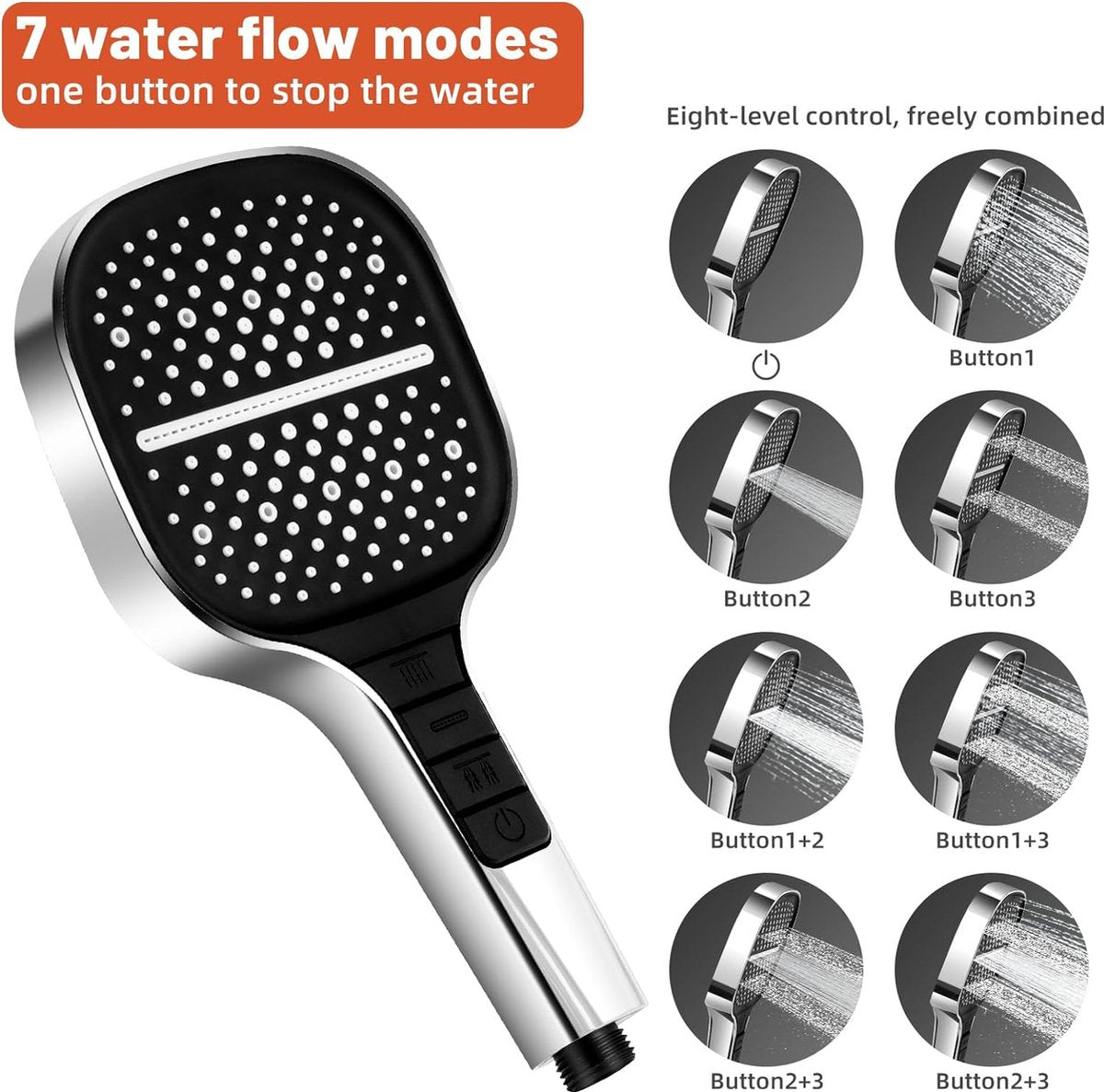 Douchekop, 8 straalsoorten, Douchekop, Waterbesparende douchekop, Regendouche, Met één hand verstelbaar, Grote douchekop, Drukverhogend (douchekop)