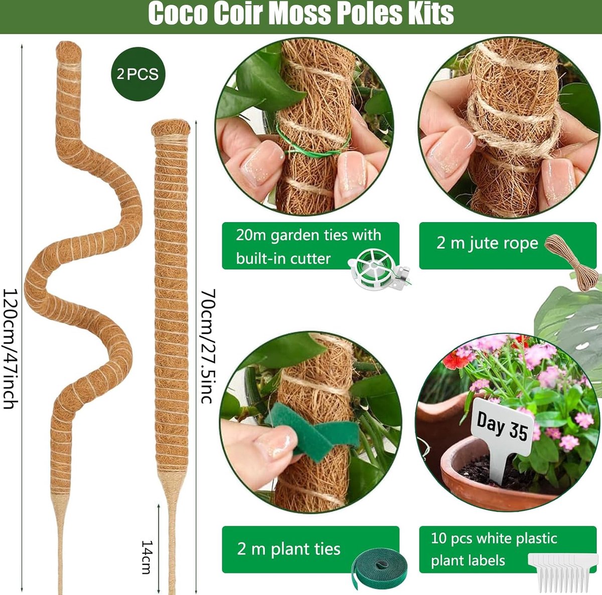 70 cm en 120 cm plantenstok kokos, buigbare kokosvezelmosstok, plantenstok voor klimplanten, natuurlijke plantensteun met accessoires, 2 stuks