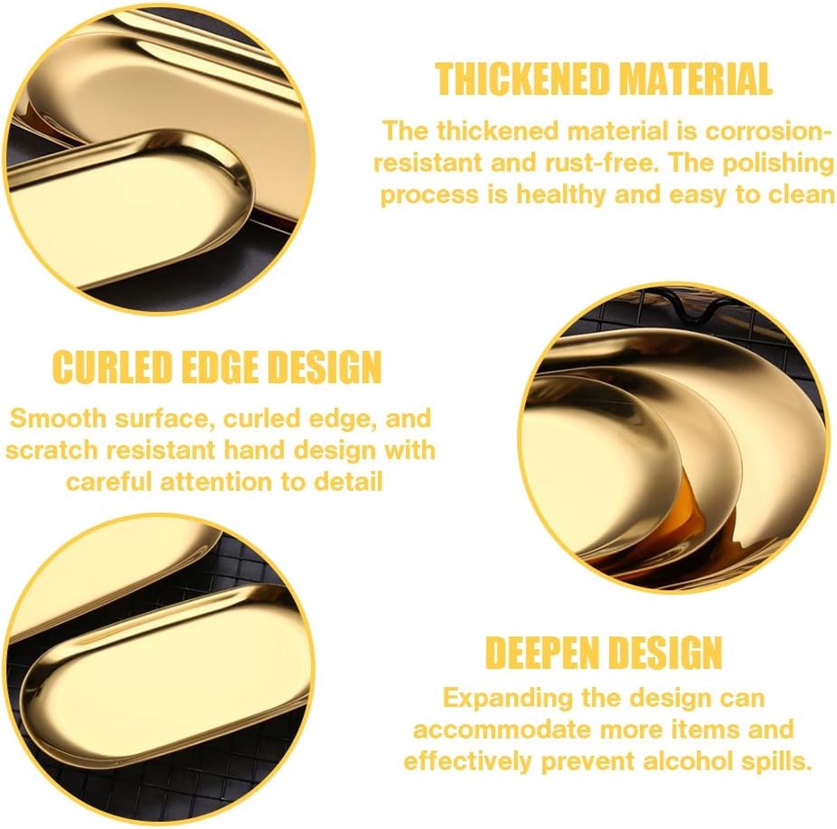 3 stuks roestvrijstalen decoratieve dienbladen, ovale gouden opbergbakjes, metaal, serveerborden, decoratieve borden, gouden ovale dessertkommen, ovaal, cosmetica-dienbladen voor thee, cake,