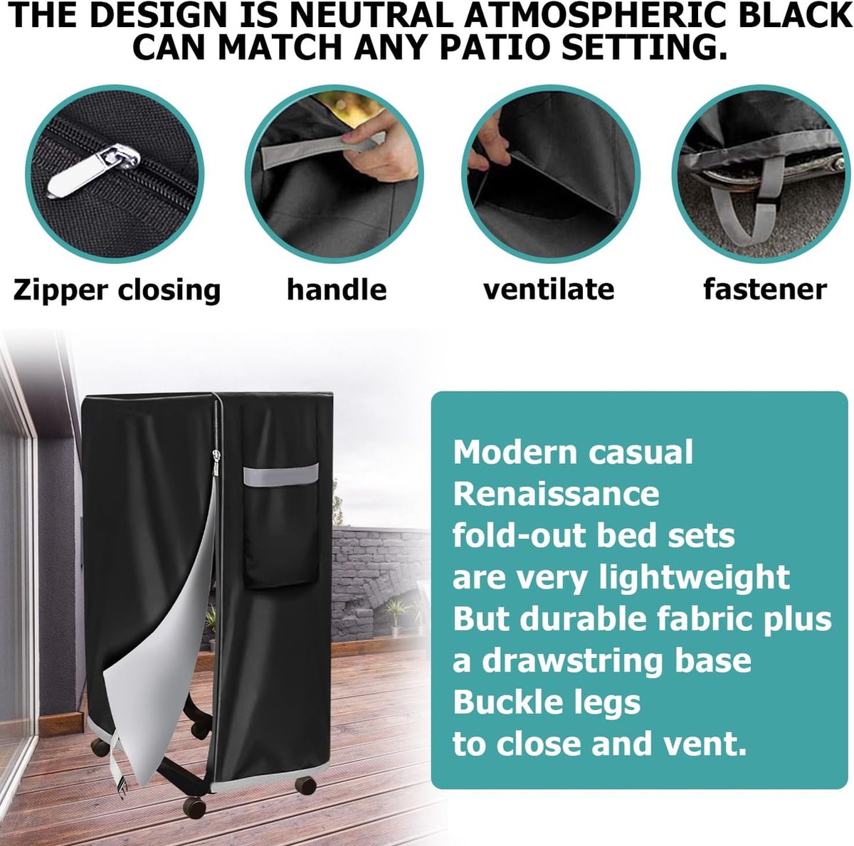 Zwart waterdicht stofdicht klapdekbed: opbergtas voor logeerbedden, multifunctionele bescherming tegen bed, multifunctionele afdekking (114 x 99 x 38 cm)