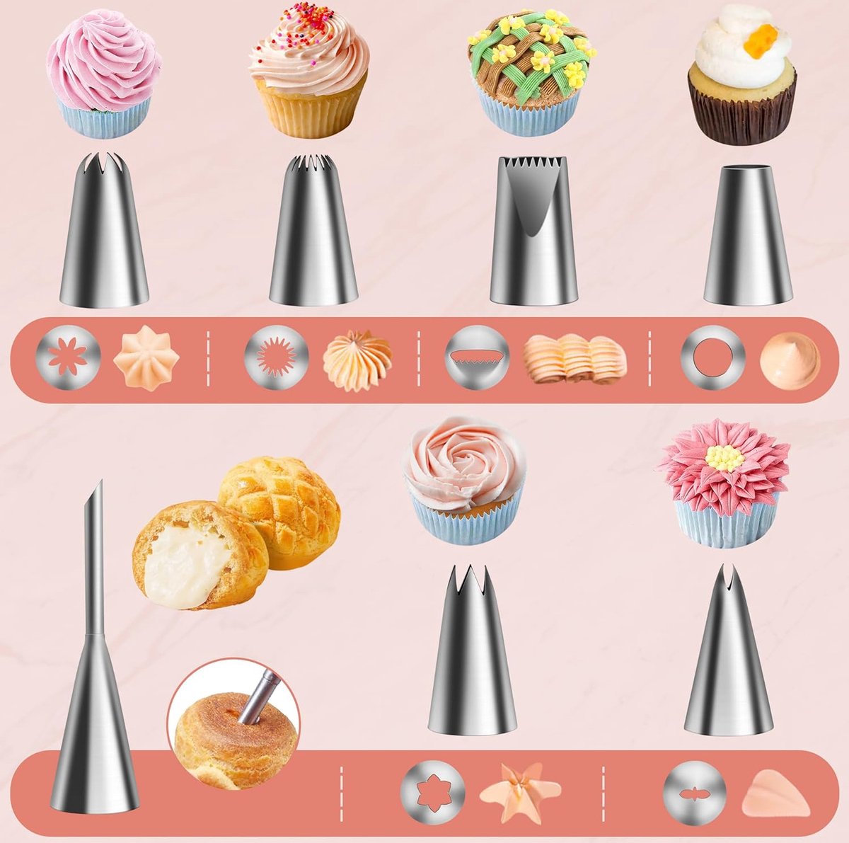 40 cm herbruikbare spuitzak met 7 spuitmonden en een verdikte adapter, 18/8 roestvrij verschillende spuitmonden voor decoraties op taarten, cakes