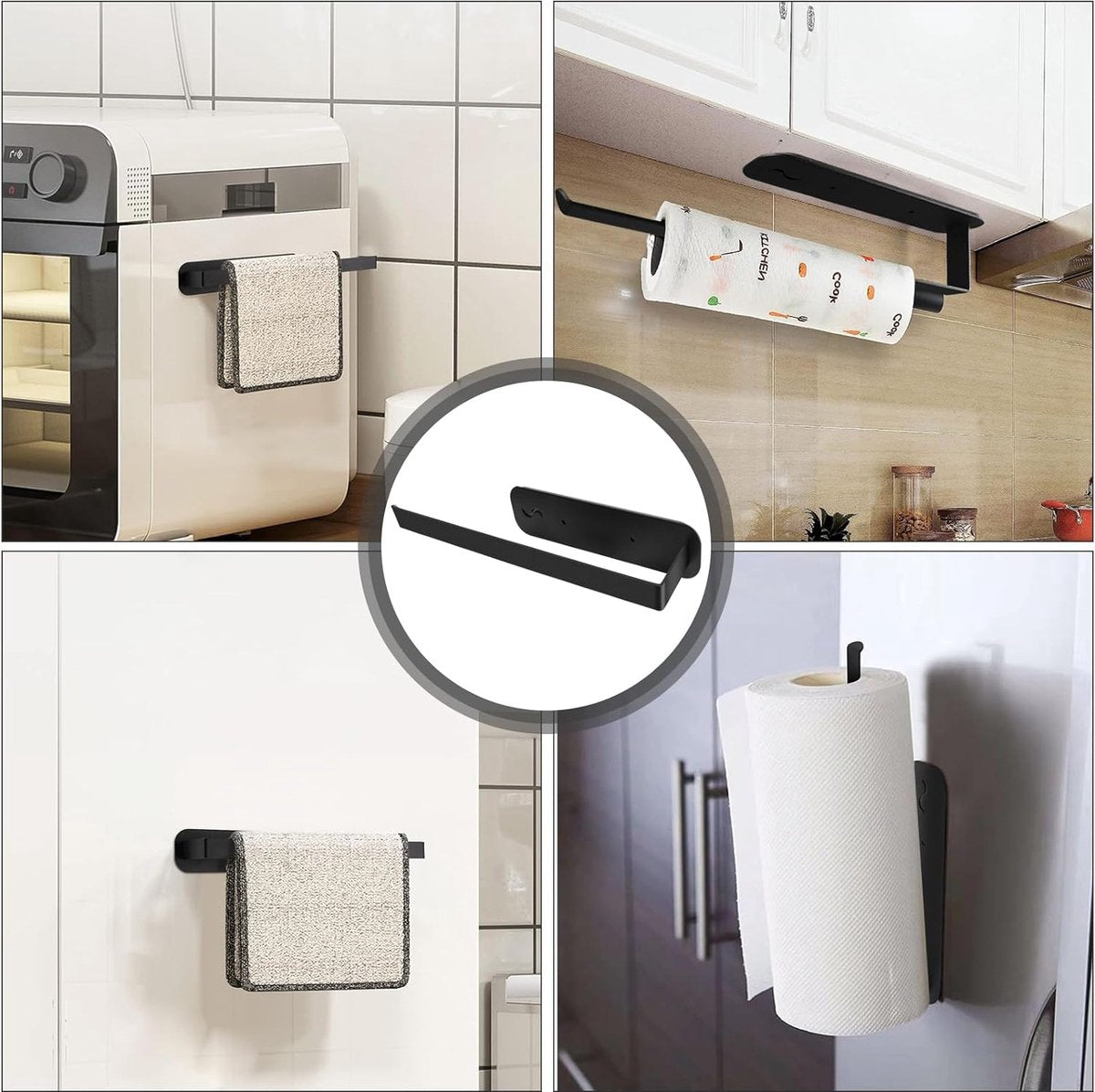 1 x keukenrolhouder, wandpapierrolhouder met 2 magnetische haken voor rolpapier, handdoeken, huishoudfolie, kopjes (zwart)