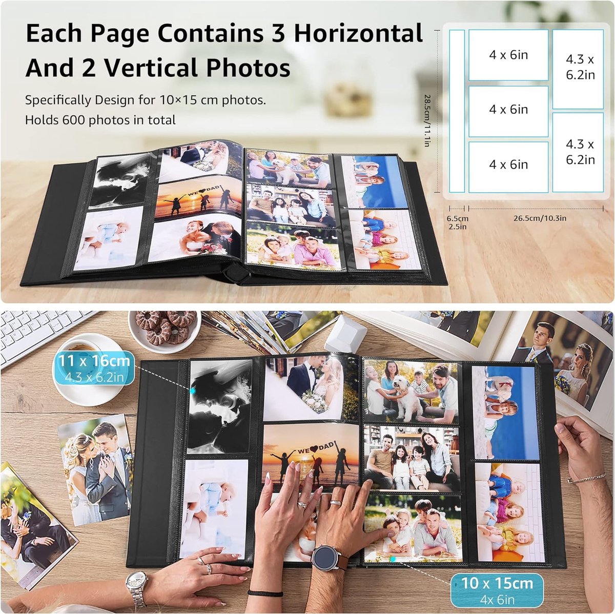 Fotoalbum, insteekalbum, 600 foto's (10 x 15 cm), linnen omslag, 60 vellen/120 pagina's, fotoboek om in te steken, fotoalbum, perfect voor familie, bruiloft, reizen, baby, zwart