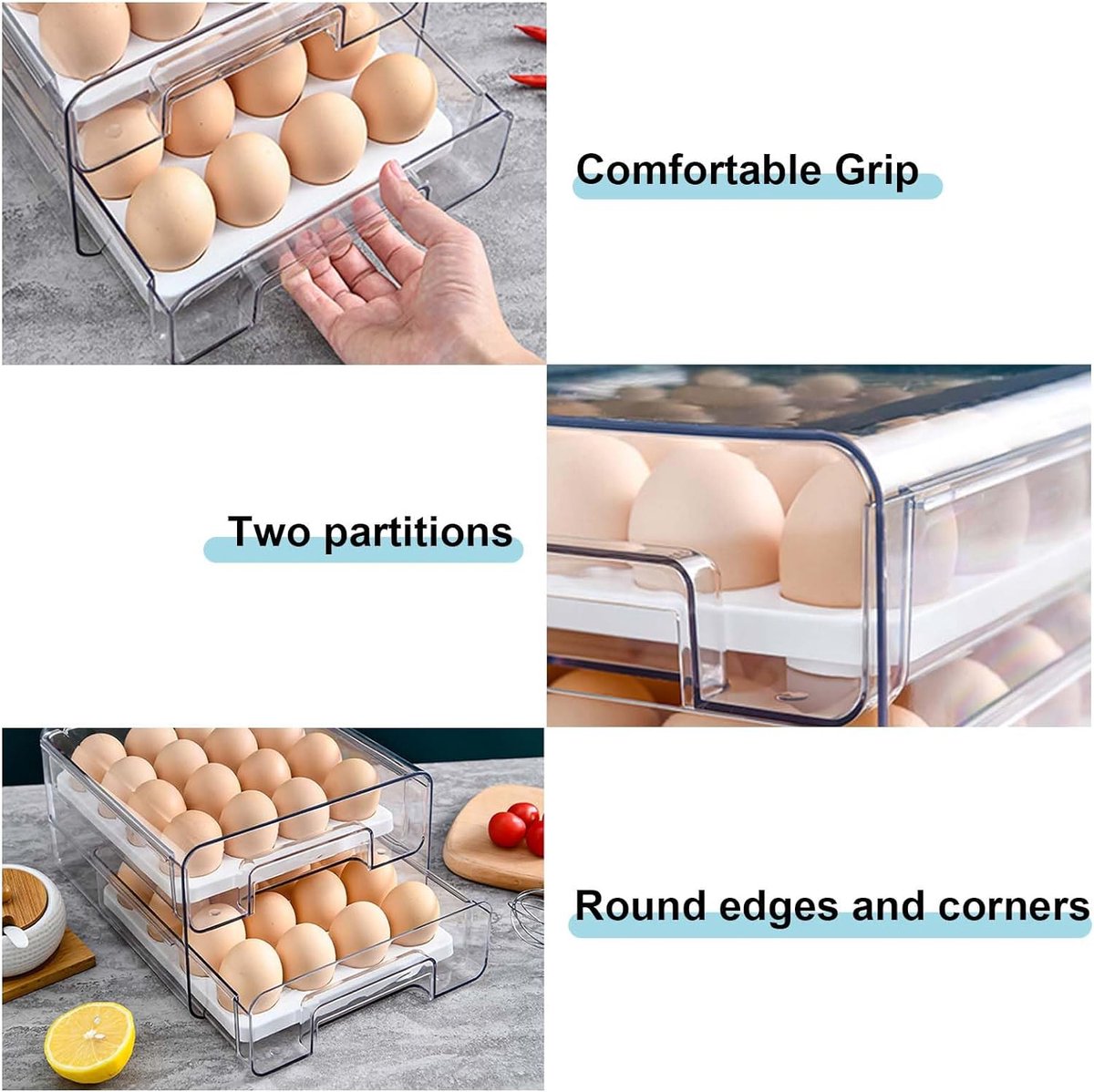 2-laags eiercontainer voor koelkast, 32 eieropbergdoos, eierrepen voor koelkasten, eieropslagladecontainer voor eierconservering, eiertransport, hotelrestaurant
