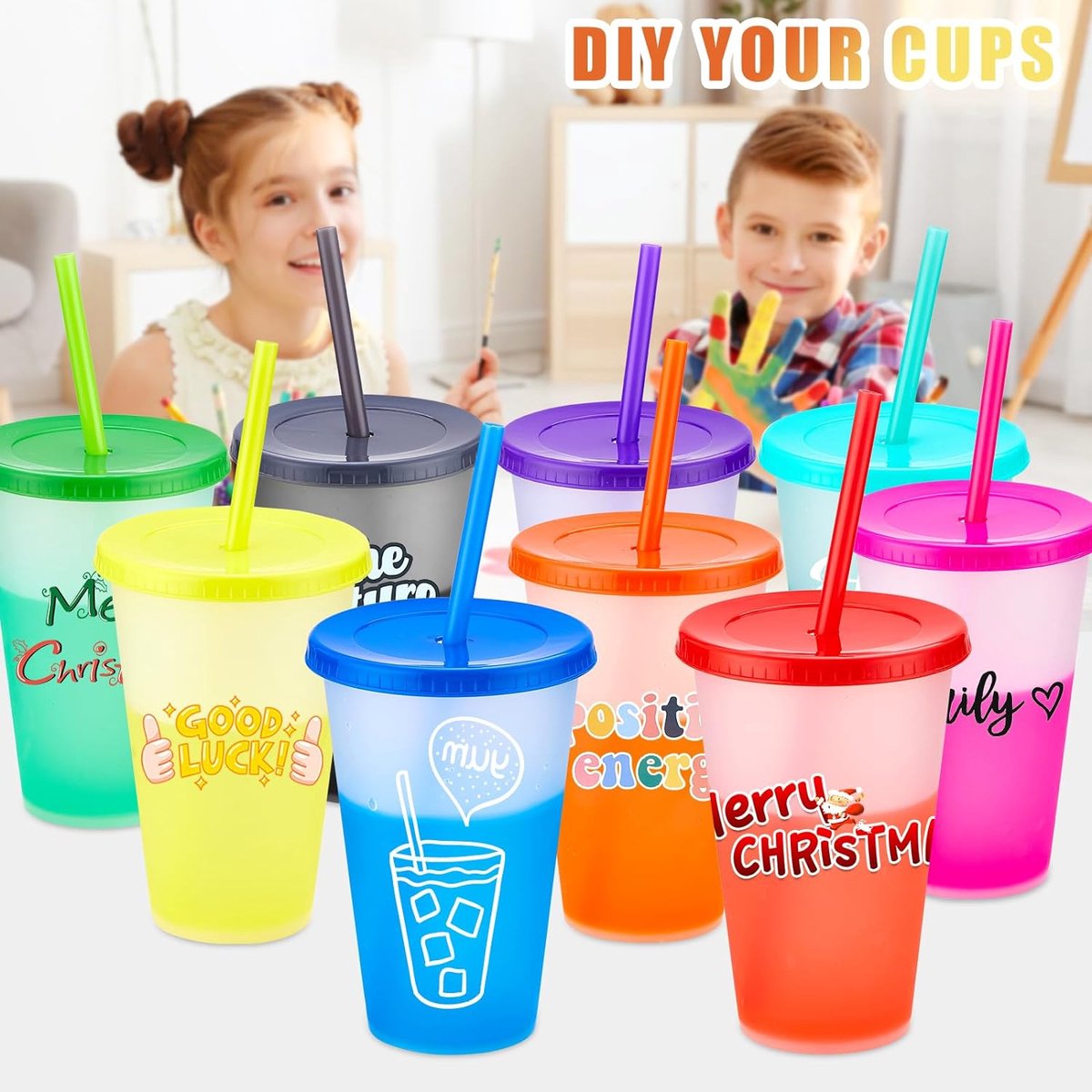 Drinkbekers met rietje en deksel, 9 stuks kleurveranderende bekers, 400 ml, plastic beker, smoothie, koffiebeker, voor onderweg. Reisbeker, beker voor kinderen en volwassenen, herbruikbare kunststof