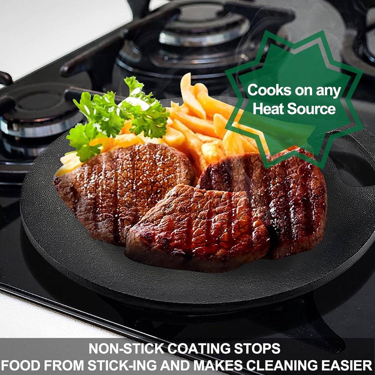 Gietijzeren pan, pizzapan met lusgreep, bakplaat, bakpan, gietijzeren pan voor kookplaat, oven, BBQ, diameter 26 cm, pizzabakoven met 7 delen accessoires