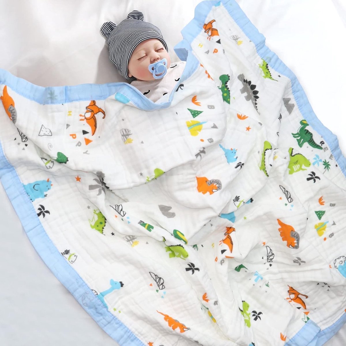 Deken 6-laags knuffeldeken baby katoen 110 x 110 cm mousseline babydeken wikkeldeken zachte deken voor badhanddoek, kinderdeken pasgeborenen unisex (neushoorns dinosaurus)