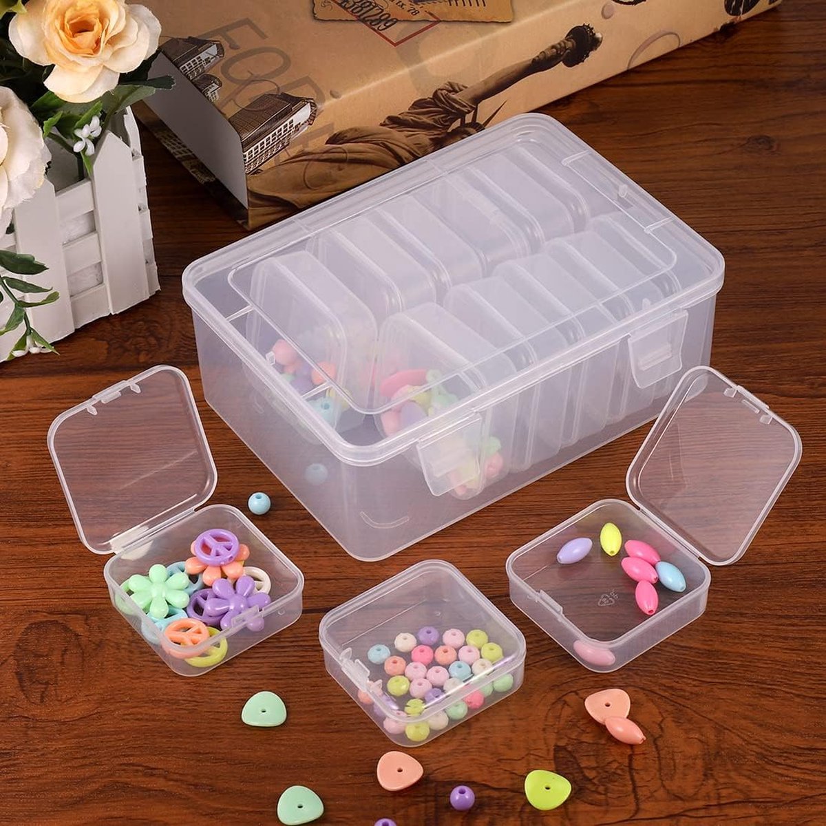 14 stuks opbergdozen met klein deksel, en 1 grote plastic doos met deksel, transparante sorteerdoos voor kralen, sieraden en pillen