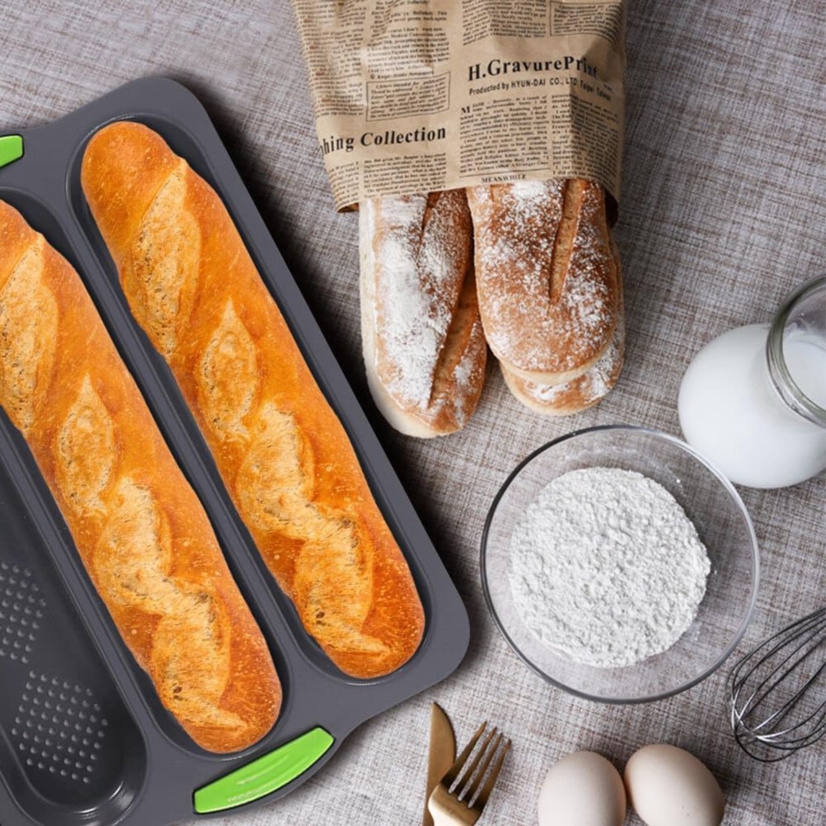 1 stuk siliconen bakvorm stokbrood bakvorm stokbrood bakvorm stokbrood bakvorm lange stokbroodvorm met drie sleuven voor bakken doe-het-zelf (grijs)