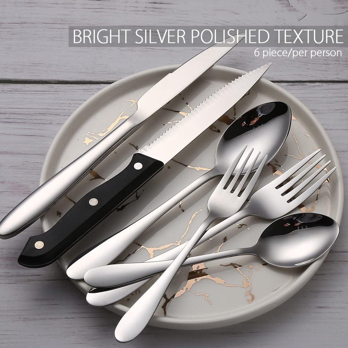 Bestekset voor 6 personen, 36-delige roestvrijstalen bestekset, bestek inclusief mes/vork/lepel/steakmessen, spiegelgepolijst, vaatwasmachinebestendig