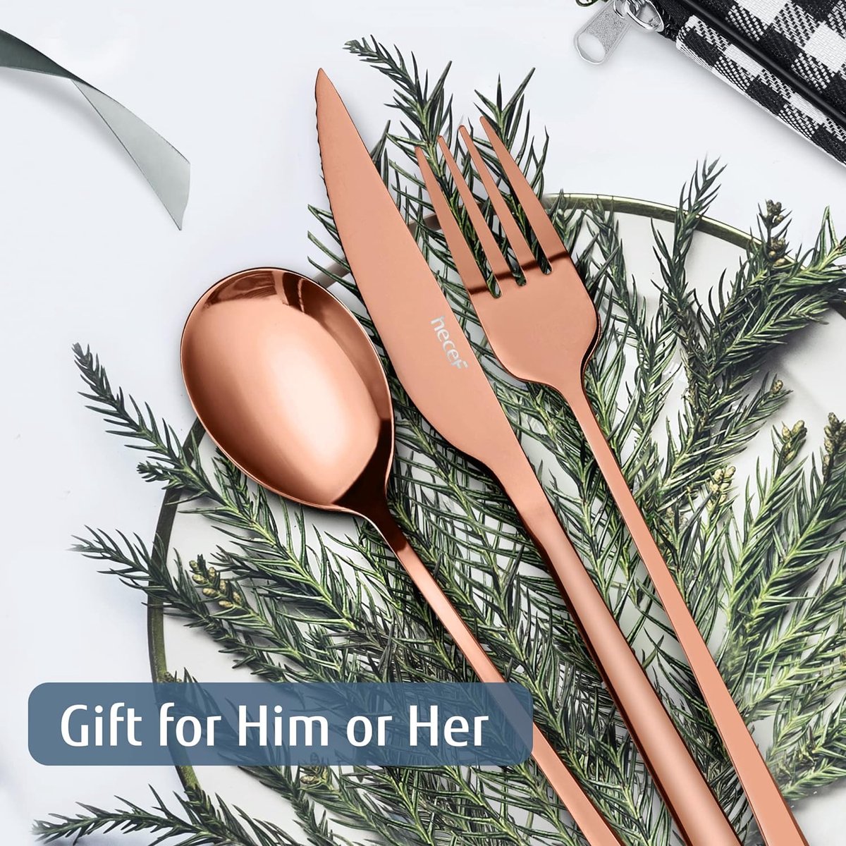 Bestekset, 10-delig, roestvrijstalen reisbestekset, zwart campingbestek met bestekzakje voor op reis, buitenreisbestek en bestek om mee te nemen met koffer (roségoud)