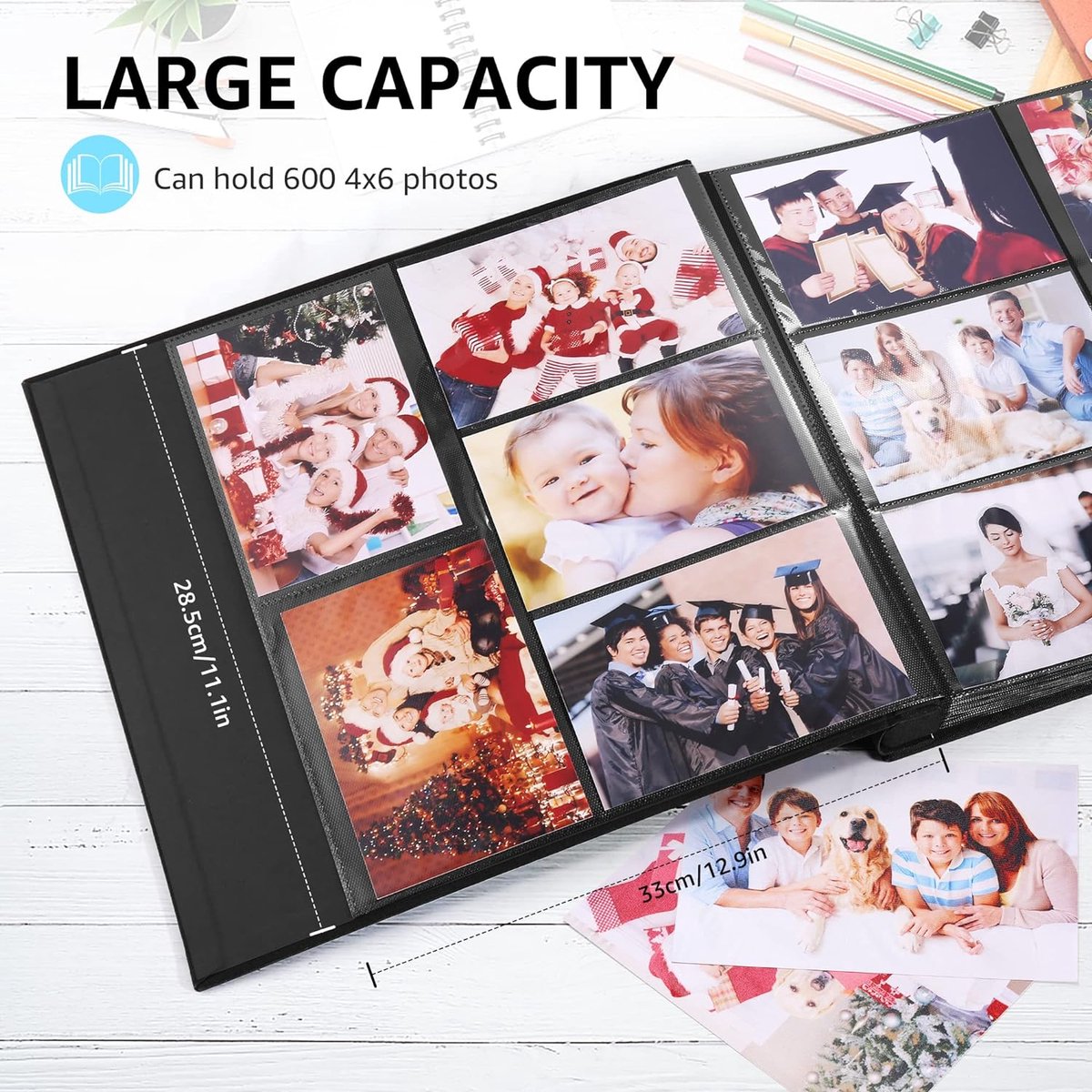 Fotoalbum, insteekalbum, 600 foto's (10 x 15 cm), linnen omslag, 60 vellen/120 pagina's, fotoboek om in te steken, fotoalbum, perfect voor familie, bruiloft, reizen, baby, zwart