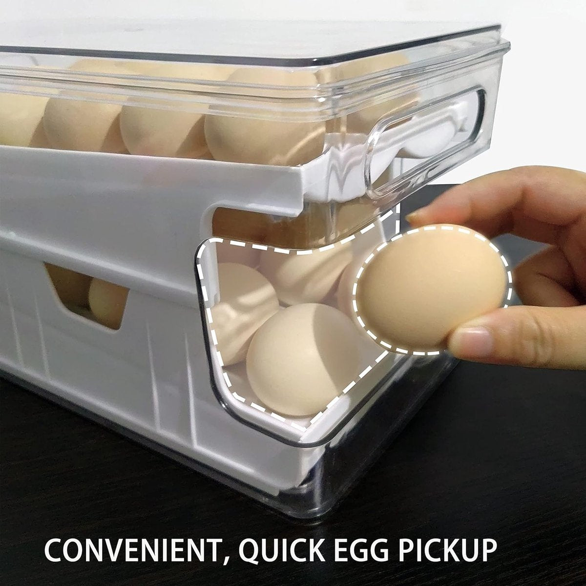 Eiercontainer voor koelkast, dubbelsporige automatische rollende eierhouder voor koelkast, opbergdoos met deksel voor eten, drinken enz. (Parelwit)