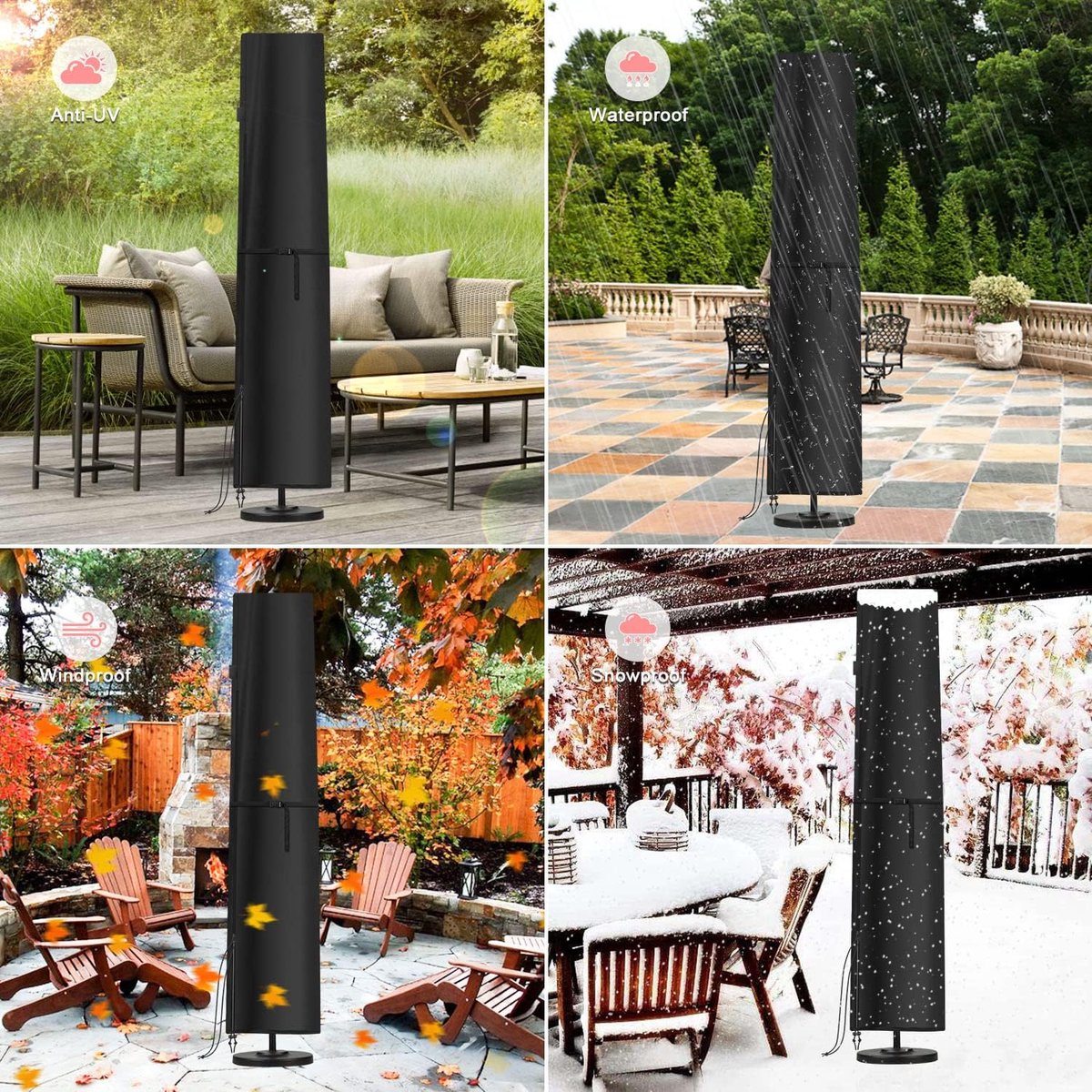 Beschermhoes voor parasol, zweefparasol, beschermhoes voor 3m-5m, parasol, afdekking, waterdicht, met stang voor 300 cm, 400 cm, 500 cm, zweefparasol, standaard, 280 x 50/60 cm