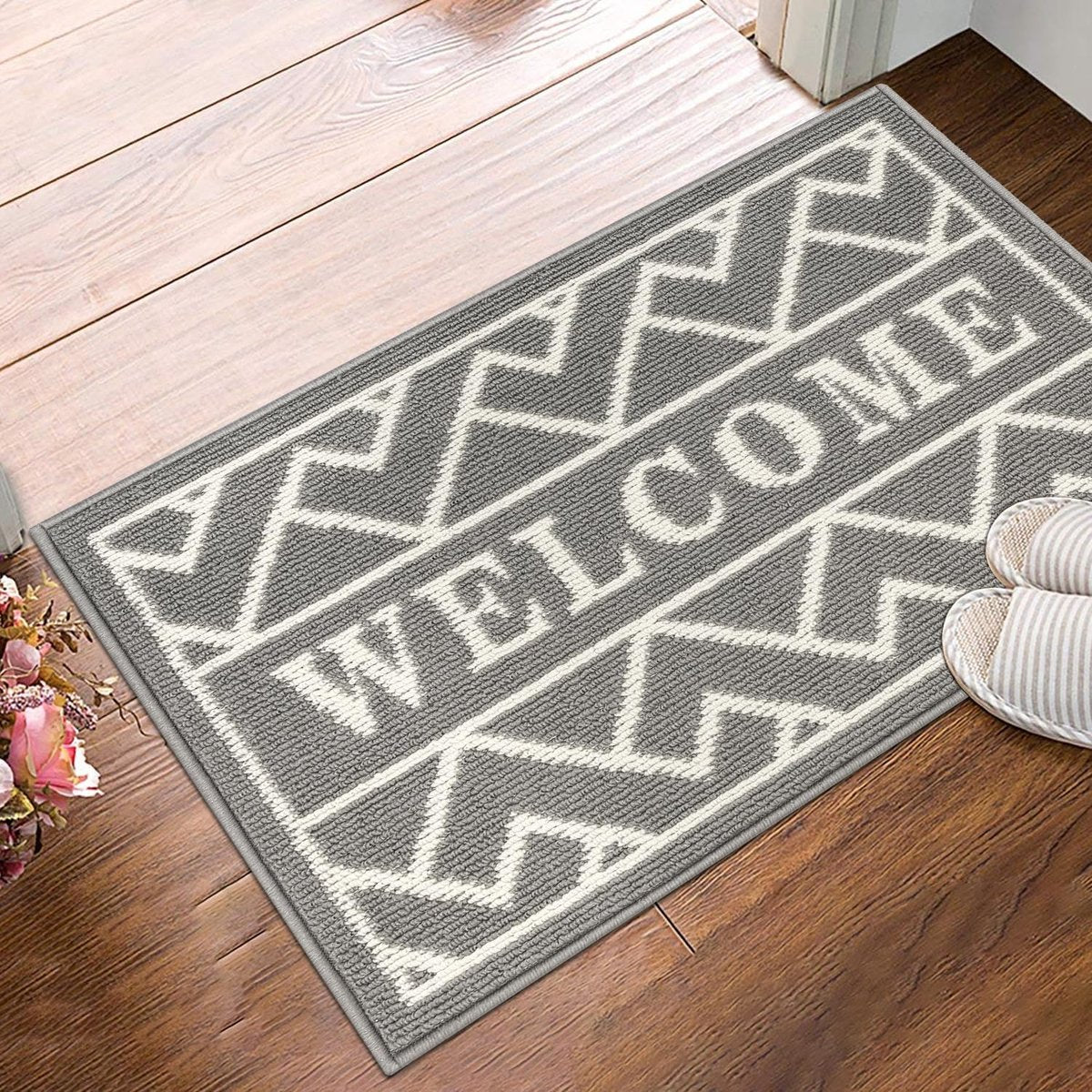 Deurmat voor binnen, 50 x 80 cm, grijs, antislip wasbare vuilvangmat, waterabsorberende deurmat, vuilvangertapijt voor entree, voordeur, terras, hal