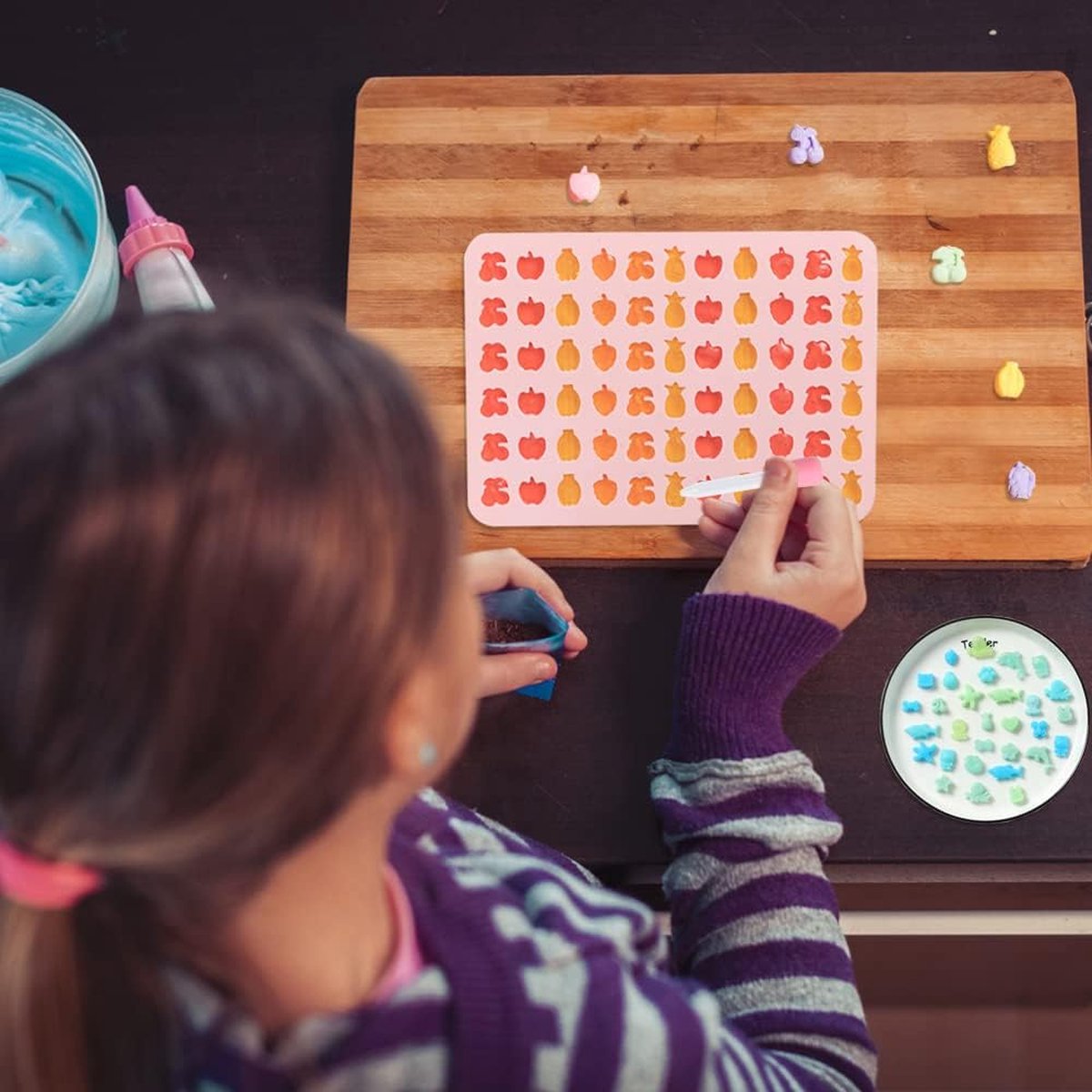 7 stuks siliconen chocoladevormen met 3 stuks pipetten, snoep, siliconen vormen, gummibeertjes, vorm, siliconen, chocoladevorm, ijsblokjesvormen voor doe-het-zelf chocolade, snoep