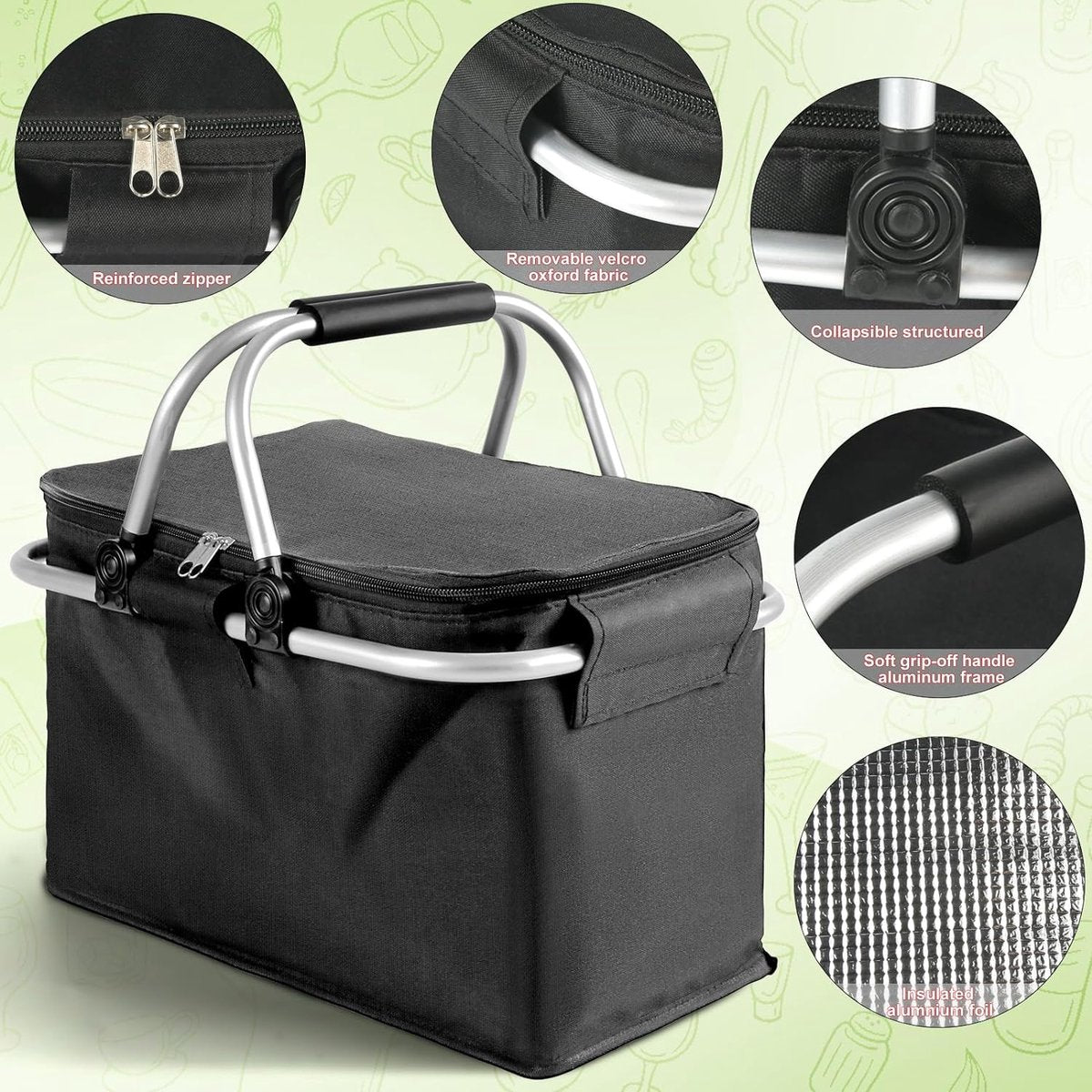 Picknickmand, 18,5 l, opvouwbare boodschappenmand, opvouwbare picknickmand met isolatie, antislip draagbare aluminium handgreep, boodschappenmand voor werk, reizen, winkelen, picknick