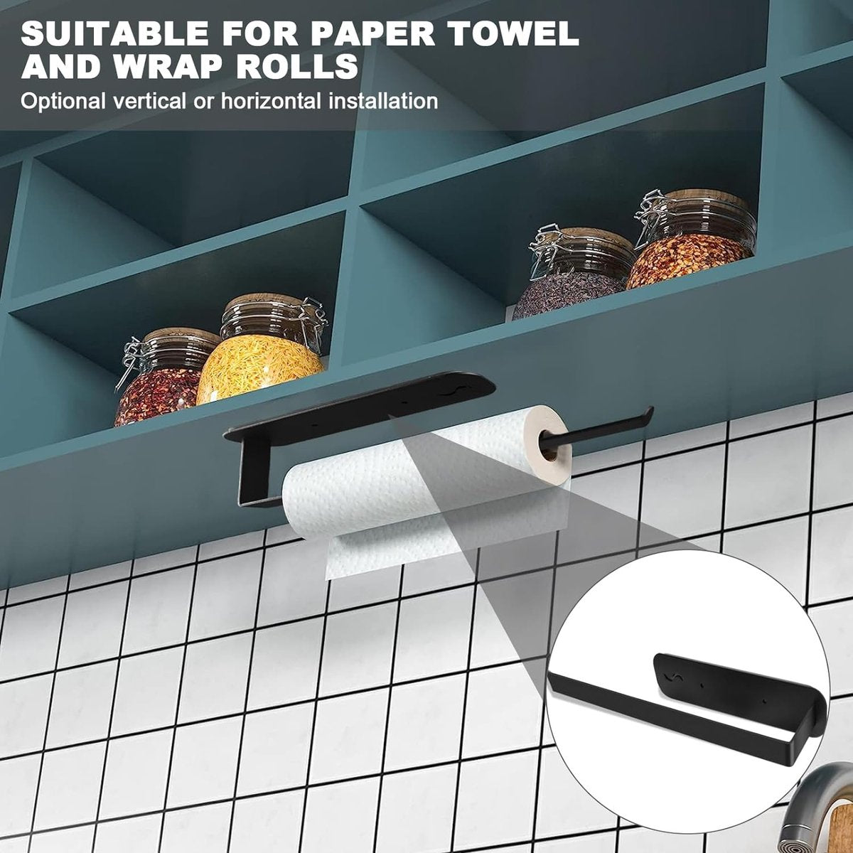 1 x keukenrolhouder, wandpapierrolhouder met 2 magnetische haken voor rolpapier, handdoeken, huishoudfolie, kopjes (zwart)