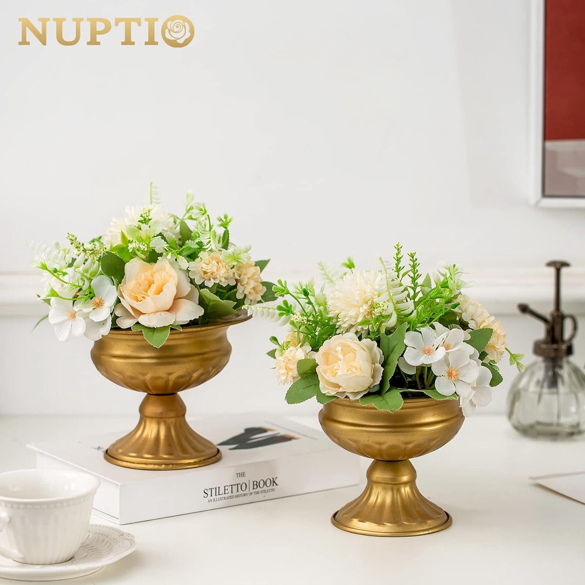 2 stuks mini-formaat metalen urn plantenbak elegante bruiloft centerpieces vaas voor bruiloftsdecoratie, 12,6 cm hoge trompetvaas bloemenhouder voor jubileumfeest tafeldecoratie Kerstmis