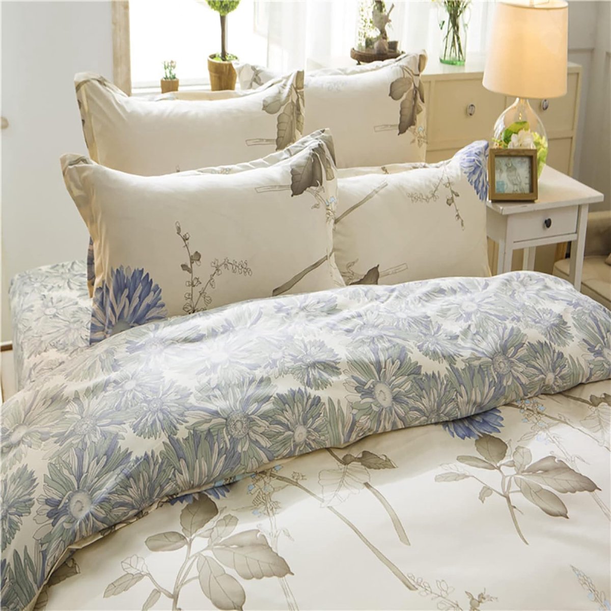 Beddengoed 135 x 200 cm, 4-delig bloemen, wit, beige, modern bloemenbeddengoedset, meisjes, dekbedovertrek, zachte microvezel, omkeerbaar beddengoed, 2 kussenslopen met ritssluiting