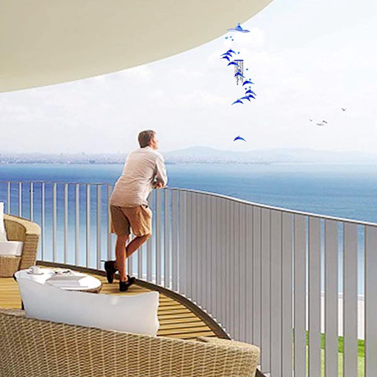 Dolfijn windspel, blauw windspel, metalen wind chimes klankspel, aluminium buizen, windspel, voor binnen tuin en buitendecoratie van balkondakranden