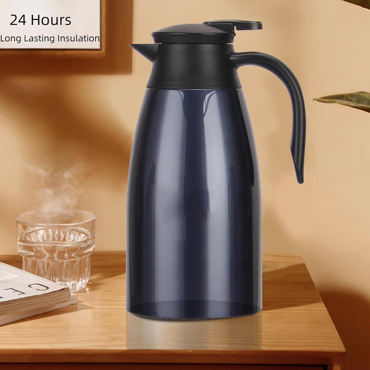 2L geïsoleerde koffiepot, voedselveilige 304 roestvrijstalen geïsoleerde kan, geïsoleerde vacuümkoffiepot met drukknopbovenkant, koffiekarafkan voor thee, warme en koude dranken (marineblauw)