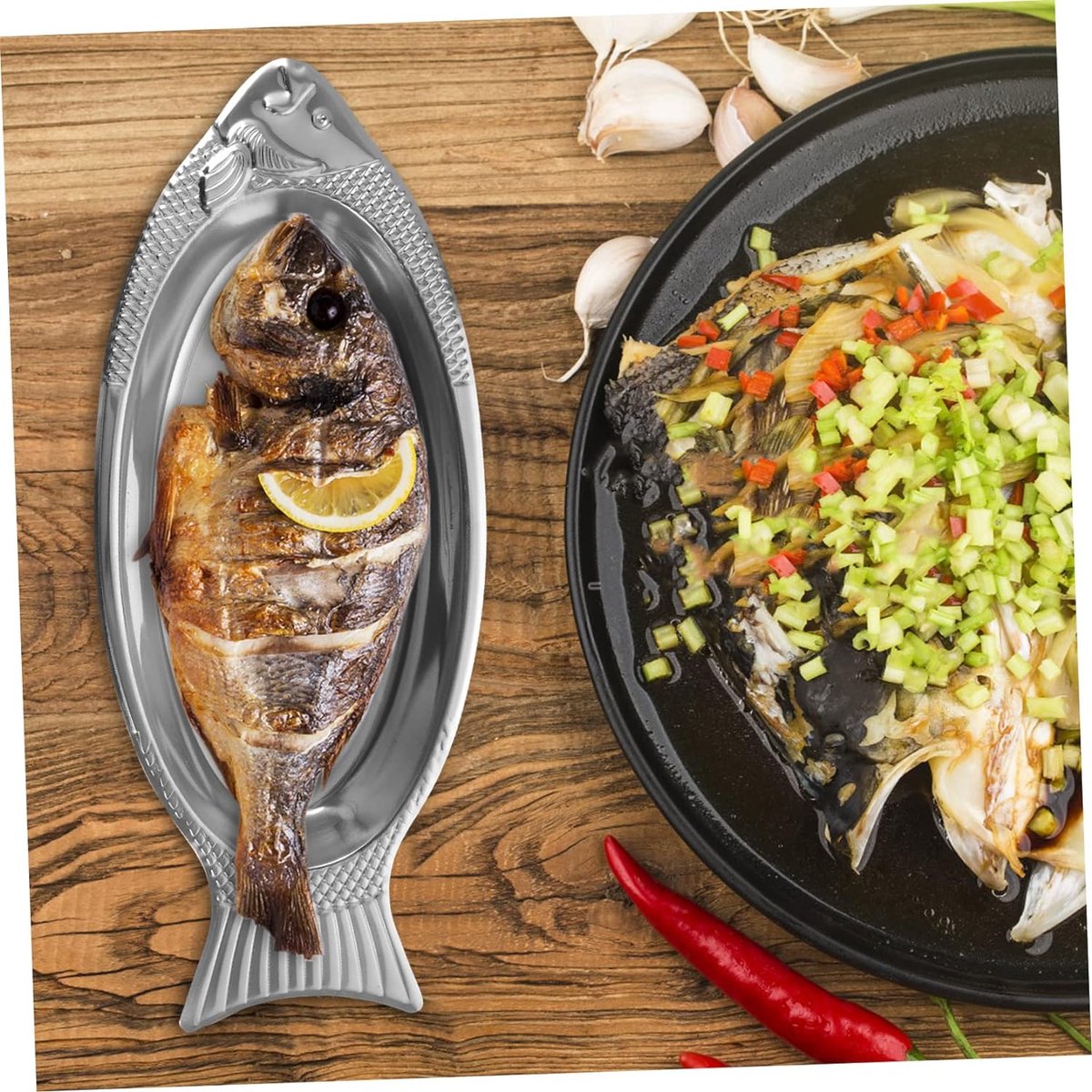 Dienblad 1 stuk vis sushi pizza glas metaal visplaat ovale serveervis serveerschaal gestoomde visschotel feestplaat