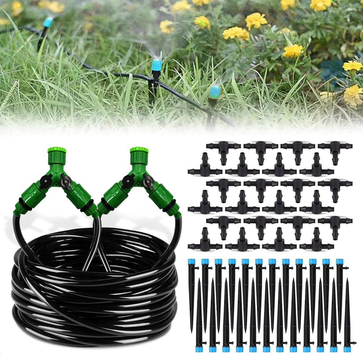 Irrigatiesysteem voor in de tuin, automatisch bewateringssysteem, 30 m, irrigatieset, micro-irrigatieset, doe-het-zelf tuinirrigatie voor planten, tuin, broeikas, bloemen, voor landschap