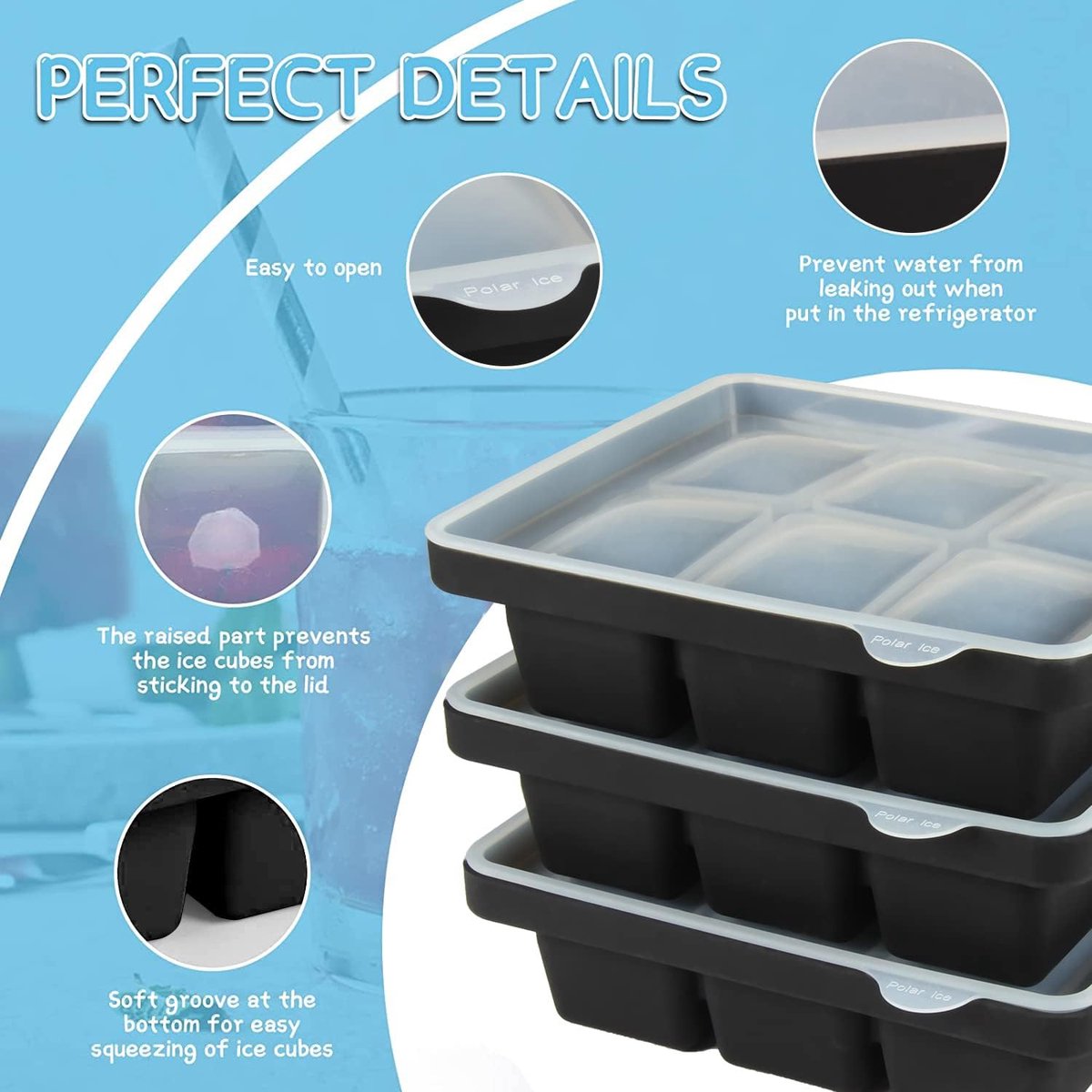 3 stuks ijsblokjesvormen, siliconen ijsblokjeshouder, XL met deksel, stapelbaar en vaatwasmachinebestendig, voor bier-, wijn- en babysnacks, zwart, set van 3 (18 ijsblokjes))