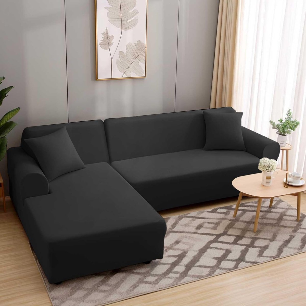 Bankhoes, hoekbank, L-vorm, stretch, bankovertrek, universele bankovertrek voor 1/2/3/4-zits, 4-zits, zwart (Lvormige hoekbank vereist twee stuks)
