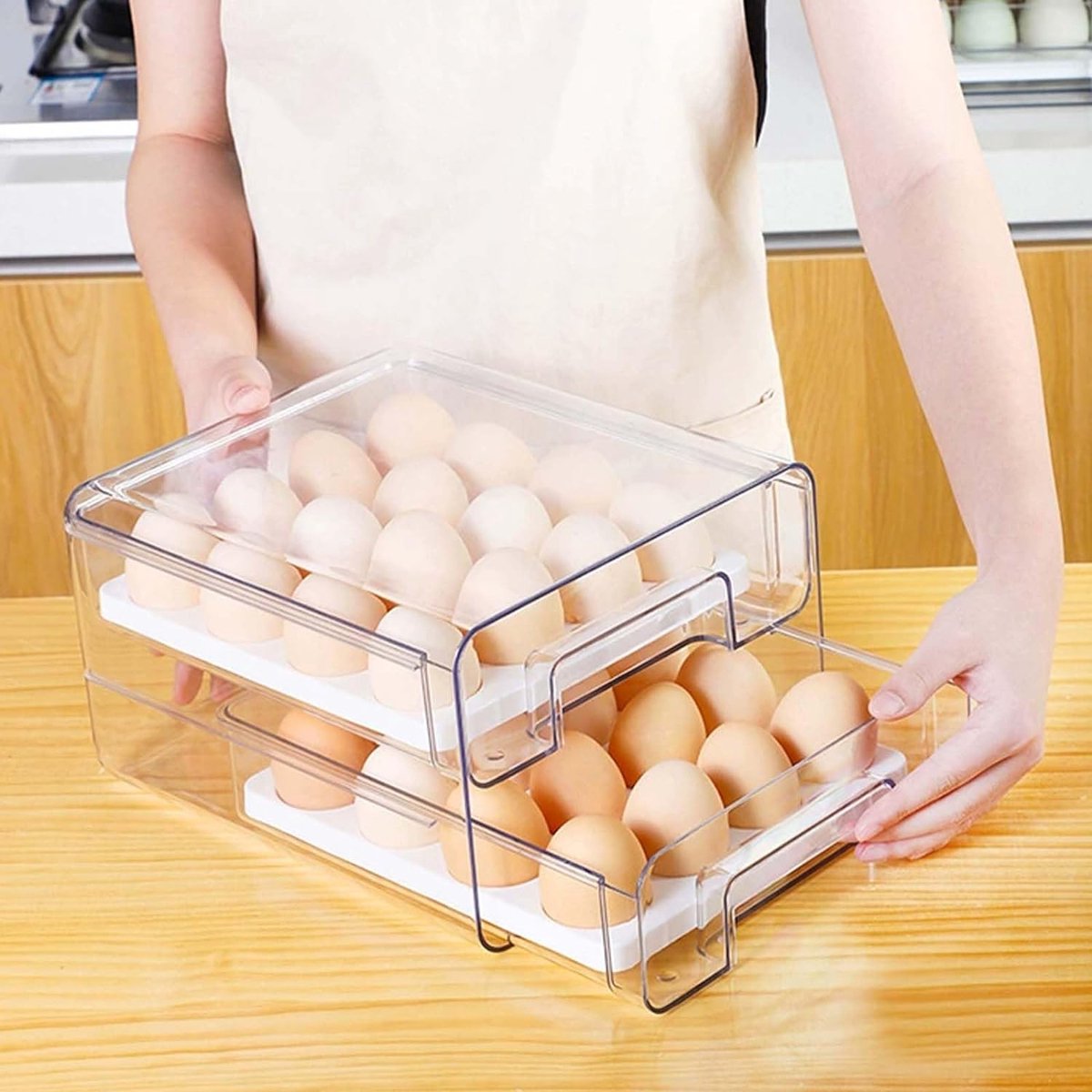 2-laags eiercontainer voor koelkast, 32 eieropbergdoos, eierrepen voor koelkasten, eieropslagladecontainer voor eierconservering, eiertransport, hotelrestaurant