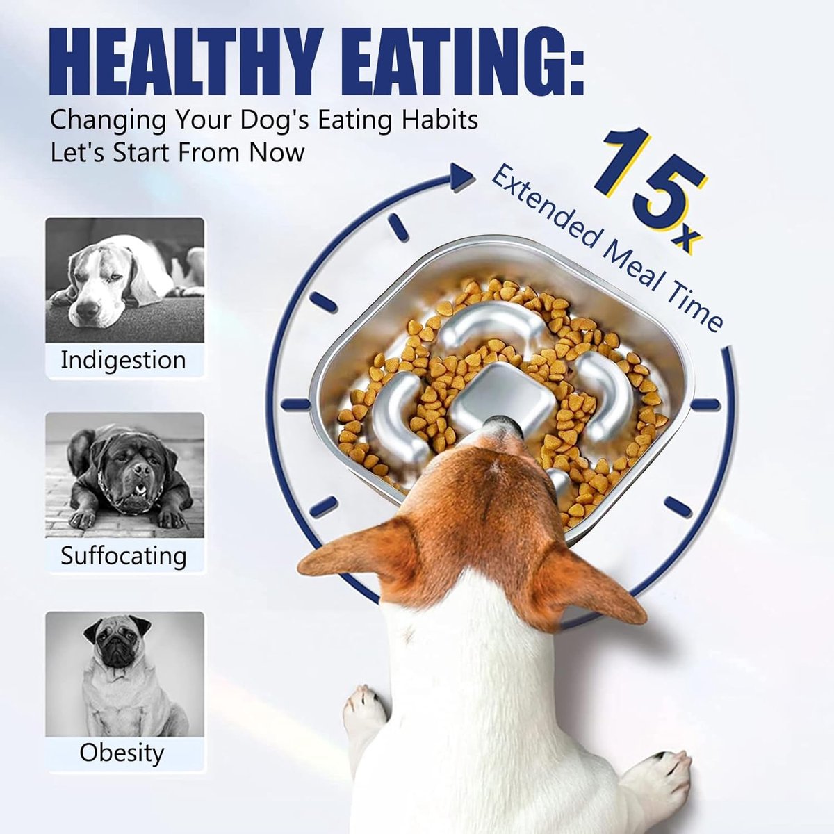 Anti-sling hondenkom, anti-slingerkom, roestvrij staal, slowfeederkom, hond, antislip roestvrijstalen hondenkom voor grote, kleine en middelgrote honden, voerbak hondenkom