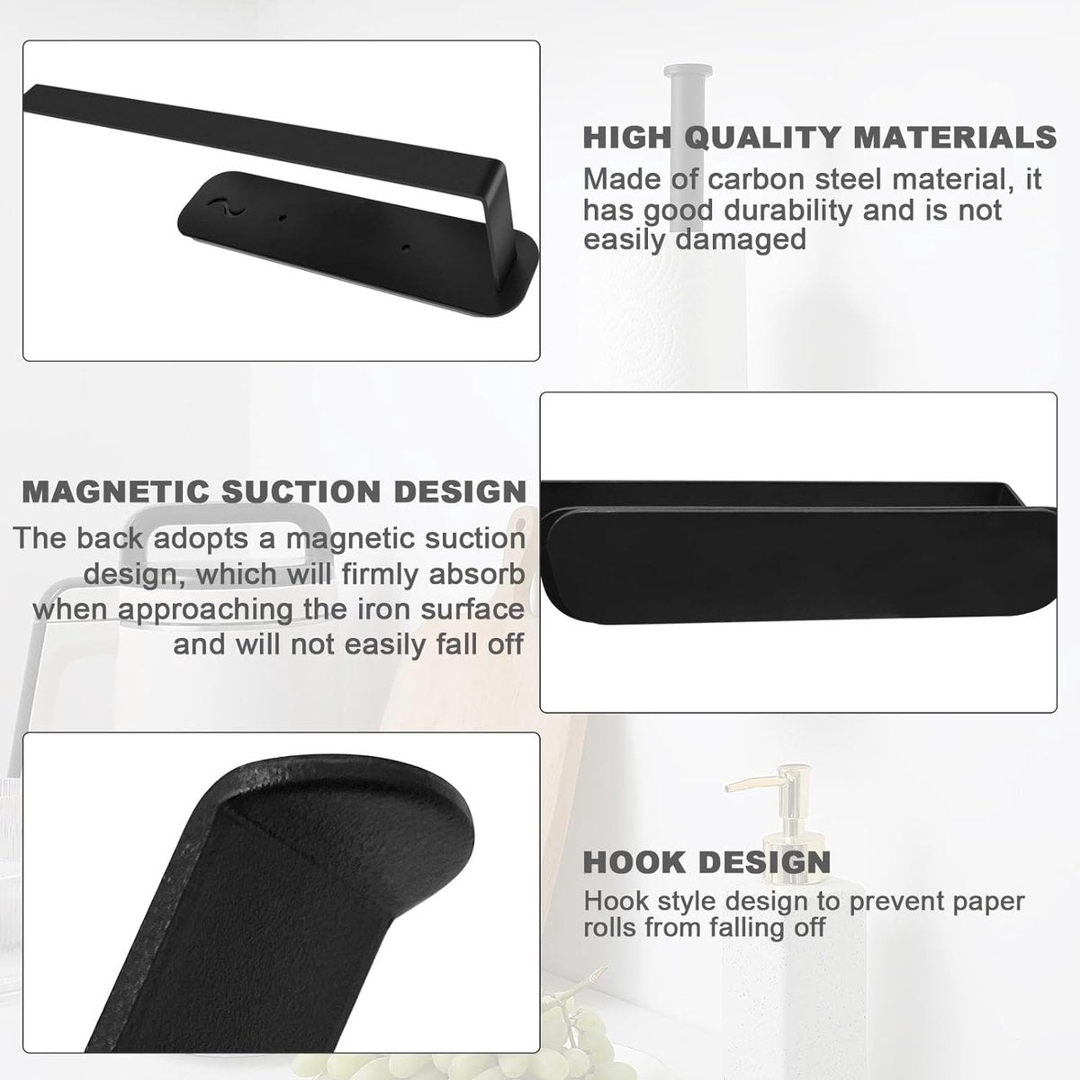 1 x keukenrolhouder, wandpapierrolhouder met 2 magnetische haken voor rolpapier, handdoeken, huishoudfolie, kopjes (zwart)