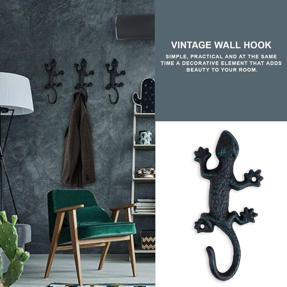 3 stuks Gecko garderobehaken, rustieke garderobehaken, gietijzeren wandhaken, vintage met schroeven, kledinghaken, muur om op te hangen, kleding, sleutels, hoeden, tassen, zwart-groen
