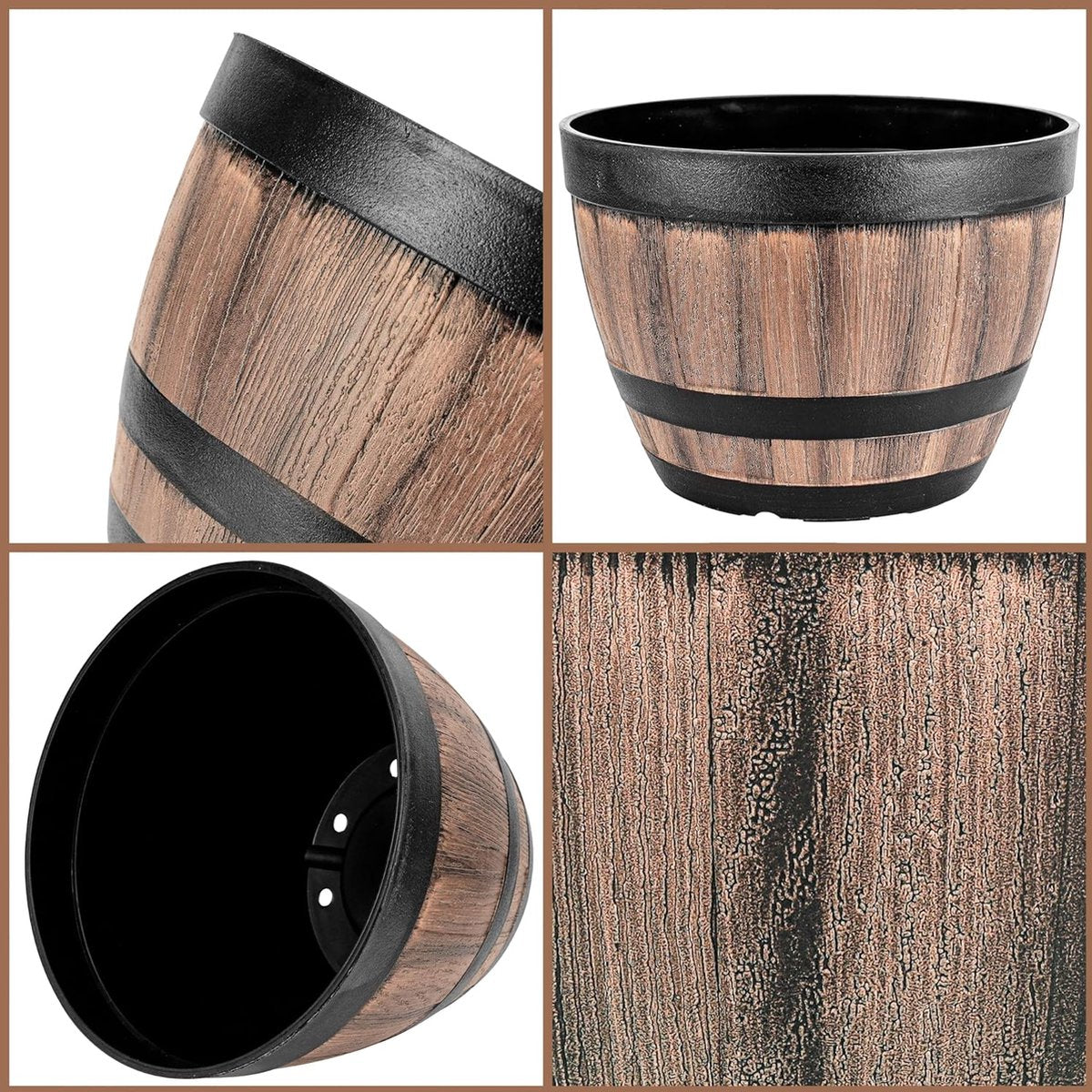 Set van 2 bloempotten van kunststof, voor binnen en buiten, diameter 22,5 cm, plantenpotset met drainagegaten en schoteltjes, plantenpot in houtlook