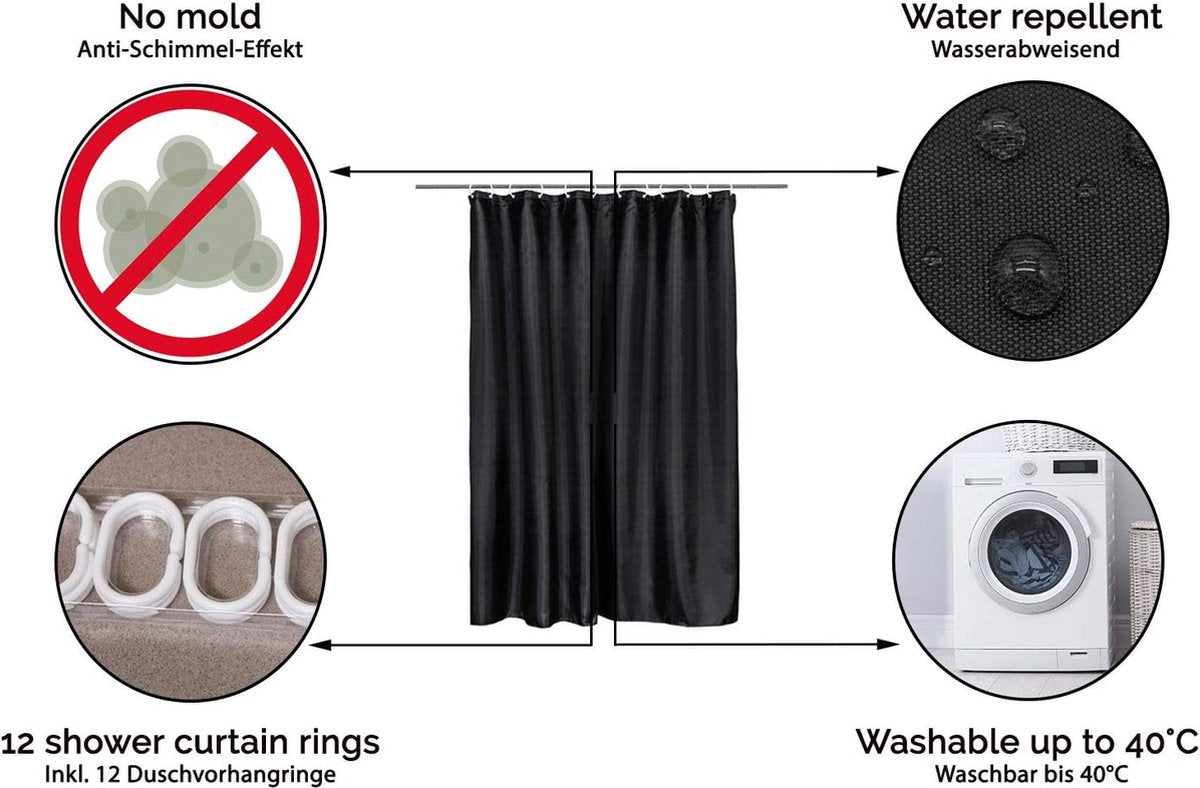 Douchegordijn, 180x200 cm, anti-schimmel, zwart (meer beschikbaar)