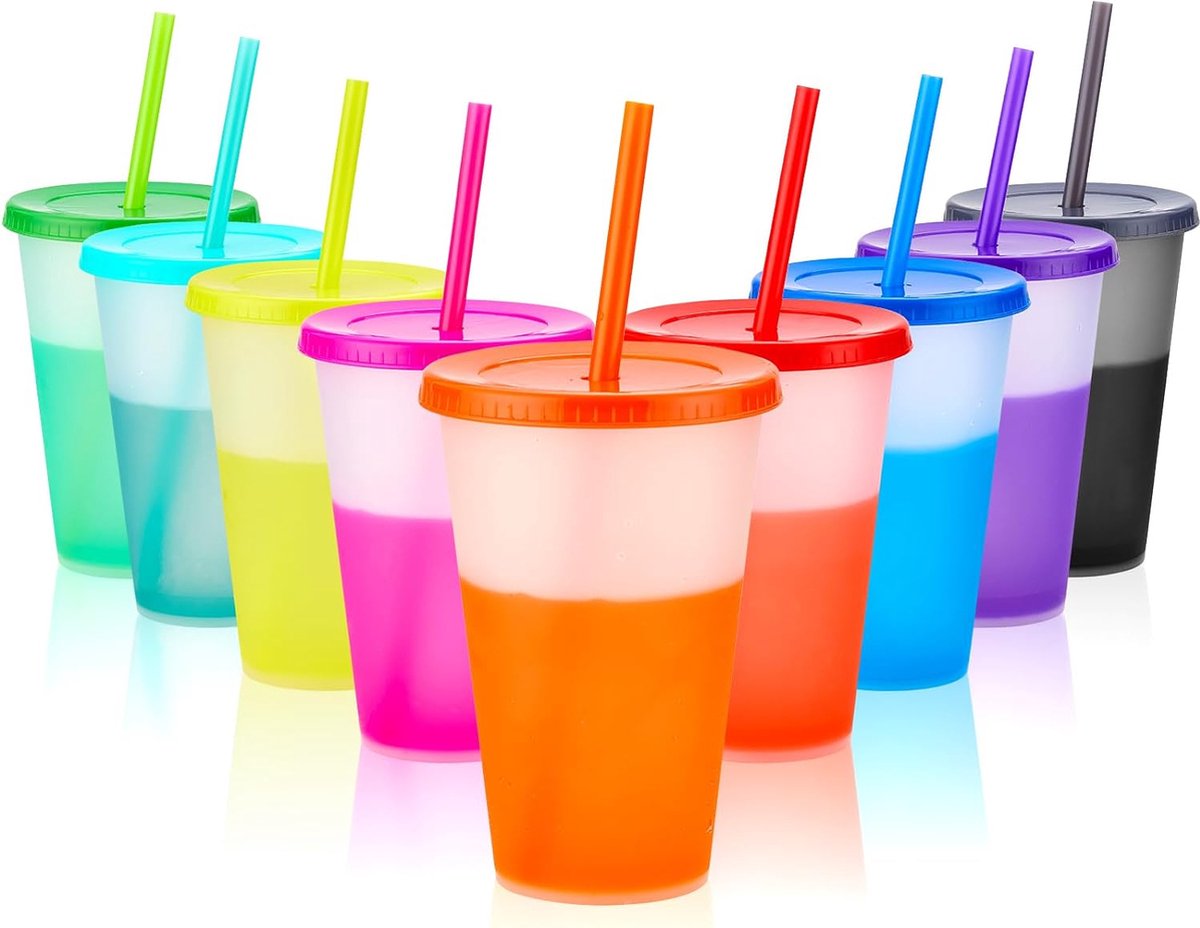 Drinkbekers met rietje en deksel, 9 stuks kleurveranderende bekers, 400 ml, plastic beker, smoothie, koffiebeker, voor onderweg. Reisbeker, beker voor kinderen en volwassenen, herbruikbare kunststof