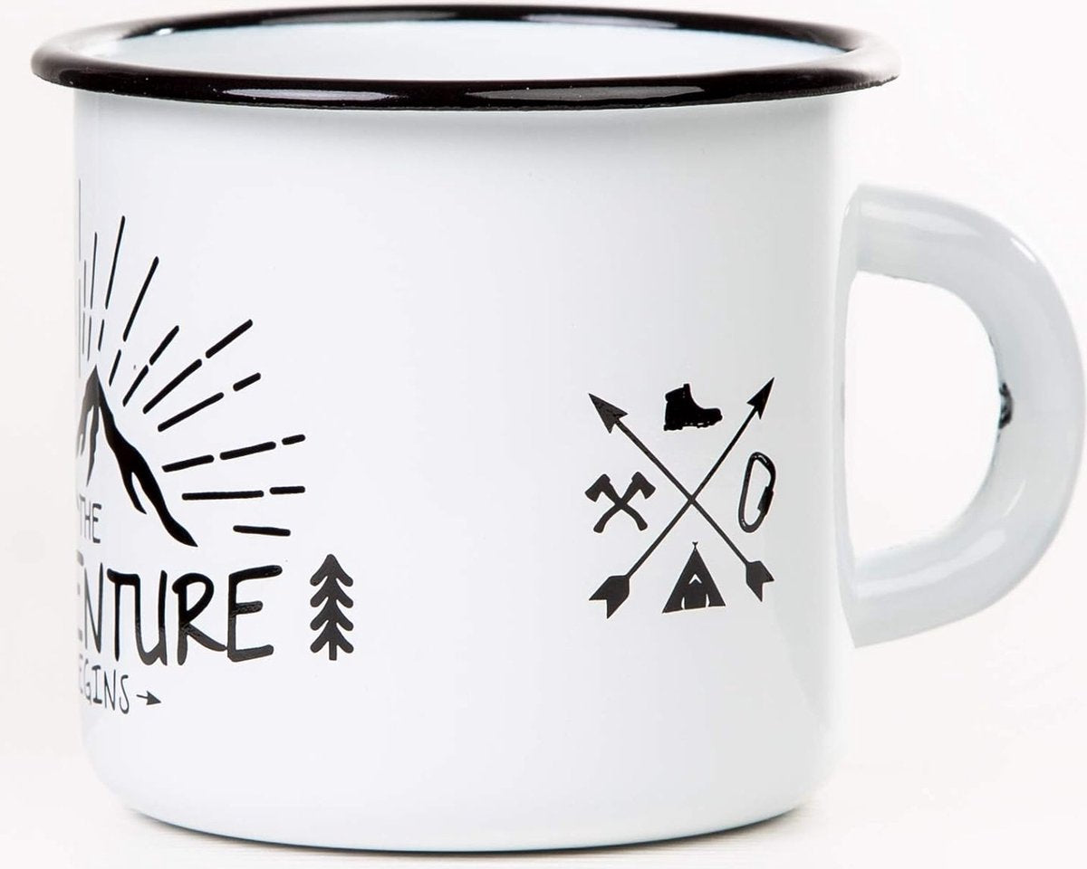 Emaille mok met het gezegde dat het avontuur begint, 330 ml, campingmok, kampeeruitrusting, retro-design, wit