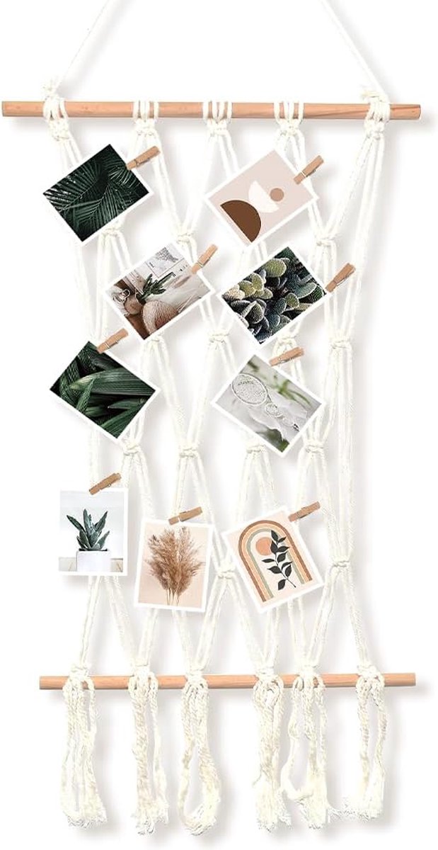 Fotolijst collages, macramé, wandbehang, hangende fotowand, boho, decoratie, fotolijst, organizer met 10 houten klemmen voor wooncultuur, slaapkamer, bruiloftsfeest
