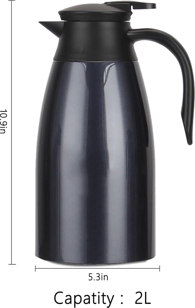 2L geïsoleerde koffiepot, voedselveilige 304 roestvrijstalen geïsoleerde kan, geïsoleerde vacuümkoffiepot met drukknopbovenkant, koffiekarafkan voor thee, warme en koude dranken (marineblauw)
