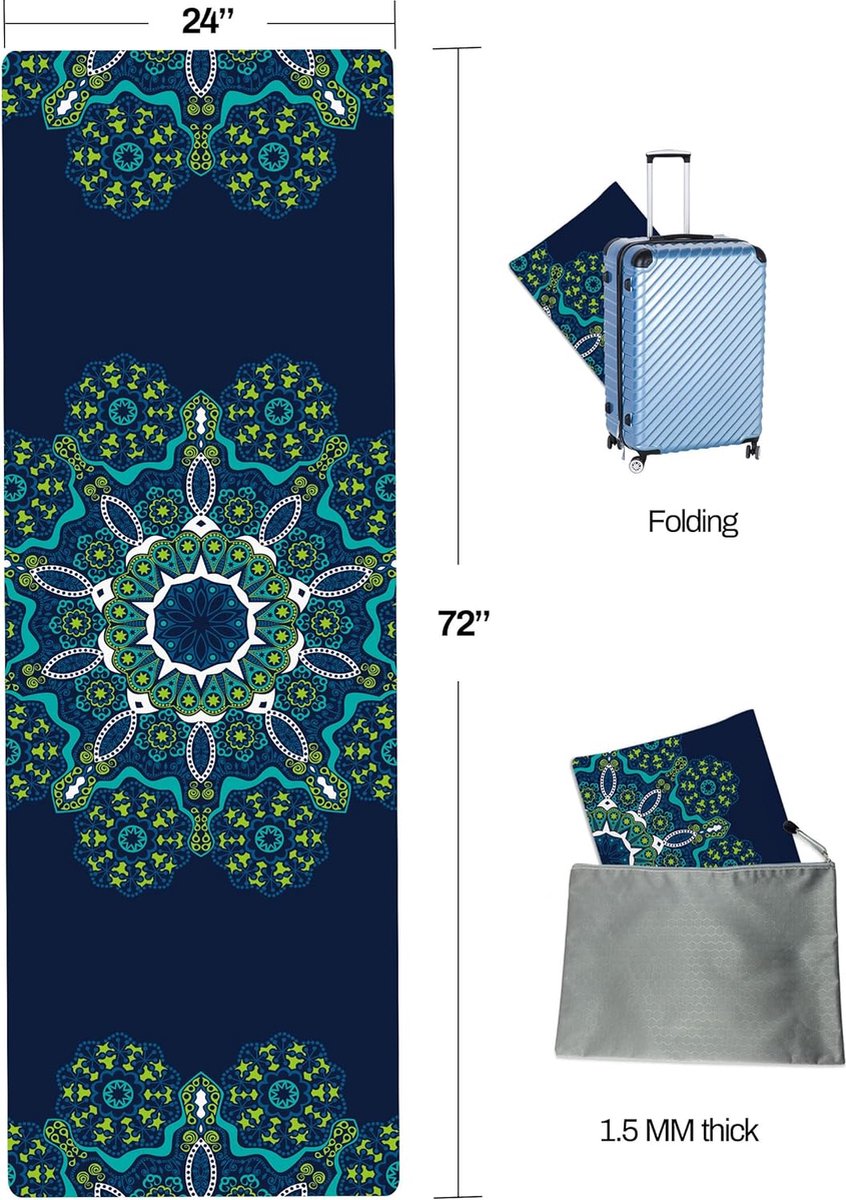 Draagbare reisyogamat, opvouwbare lichtgewicht oefenmat - Ideaal voor yoga, pilates, bikram, stretchen, trainen en sporten (72 x 24 x 1,5 mm)