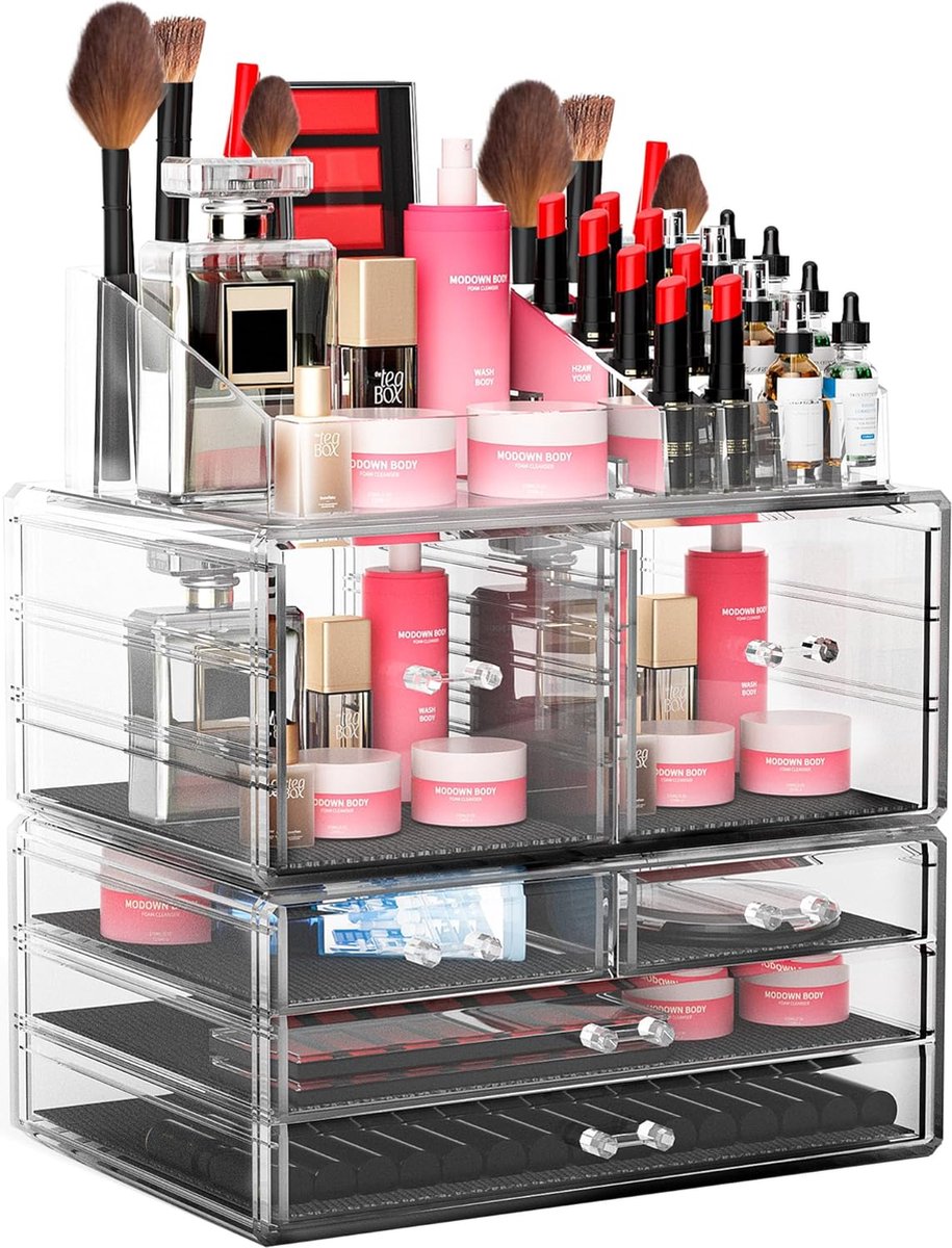 Acryl make-up organizer met 6 laden Cosmetische opbergdoos Stapelbare heldere borstellotion Lippenstift nagellak