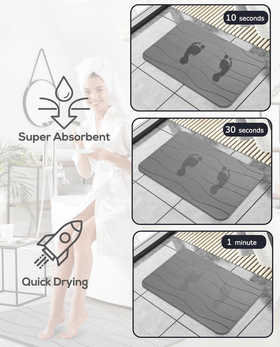 Badmat, antislip, badmat, douchemat, sneldrogend, 100% natuurlijke badmat, steen, absorberende badmat, steentapijt, badkamertapijt, 60 x 39 cm, donkergrijs golvend