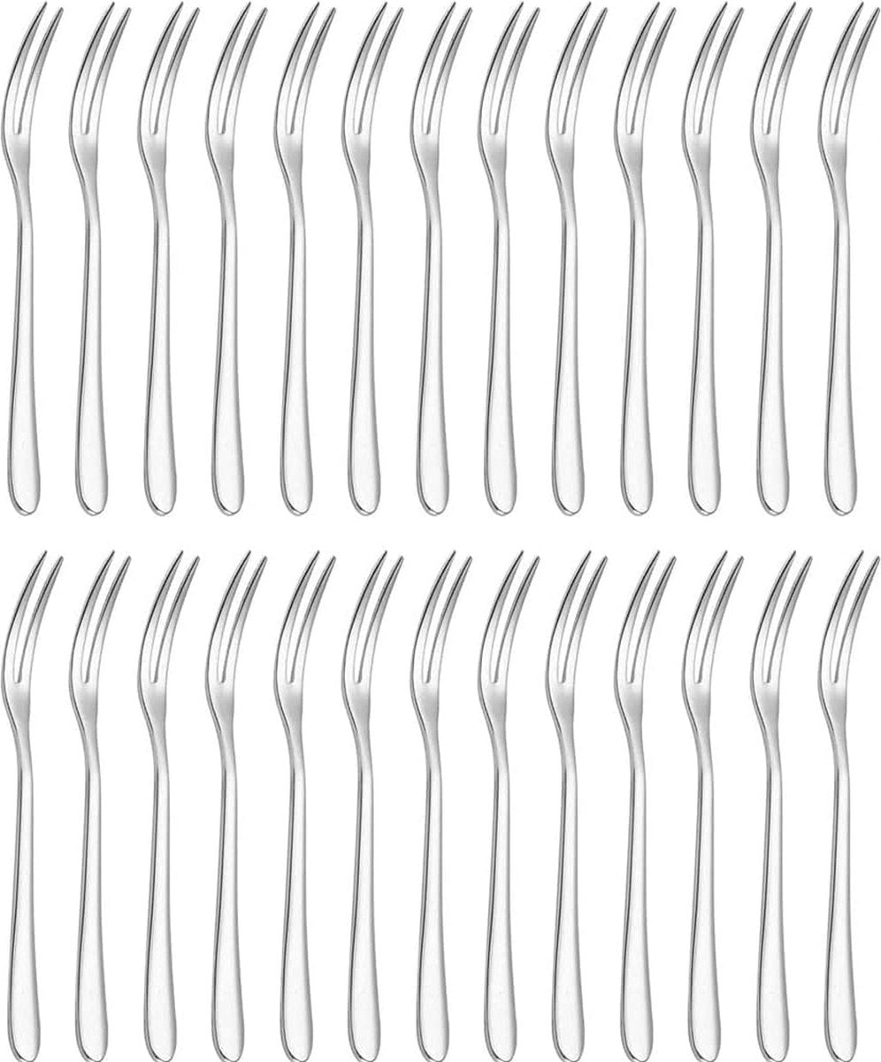 Fruitvork van roestvrij staal, 26 stuks serviesvorken, kleine vork, 130 x 10 mm, dessertminivork, roestvrij staal, voor fruit, groenten, salade, gebak, dessert (zilver)