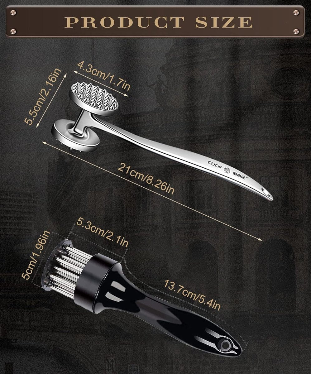 Vleesklopper, roestvrij staal, incl. roestvrijstalen vleeshamer, extreem robuust, vleeshamer voor rundersteak, varkensvlees, kip, vis, zacht maken en stampen