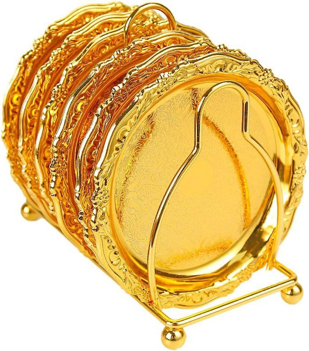 6 stuks gouden koffie, dranken, theekoponderzetters, dessertdisplayplaten, met zinklegering, roestvrijstalen standaard (diameter 10 cm, 6 stuks, goud)