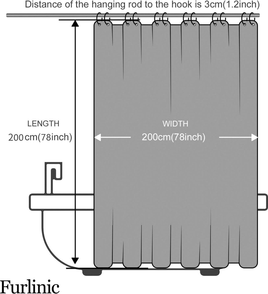 Douchegordijn, extra lang badgordijn, schimmelwerend, textiel voor bad en douche, antibacterieel, wasbaar, zwart, extra groot, 200 x 200 cm